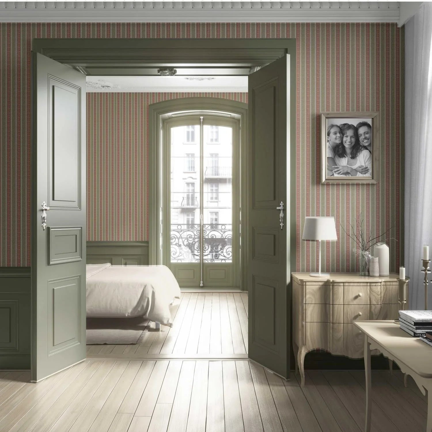 Geometric Striped Nursery Wallpaper Sample (Red/ Green)