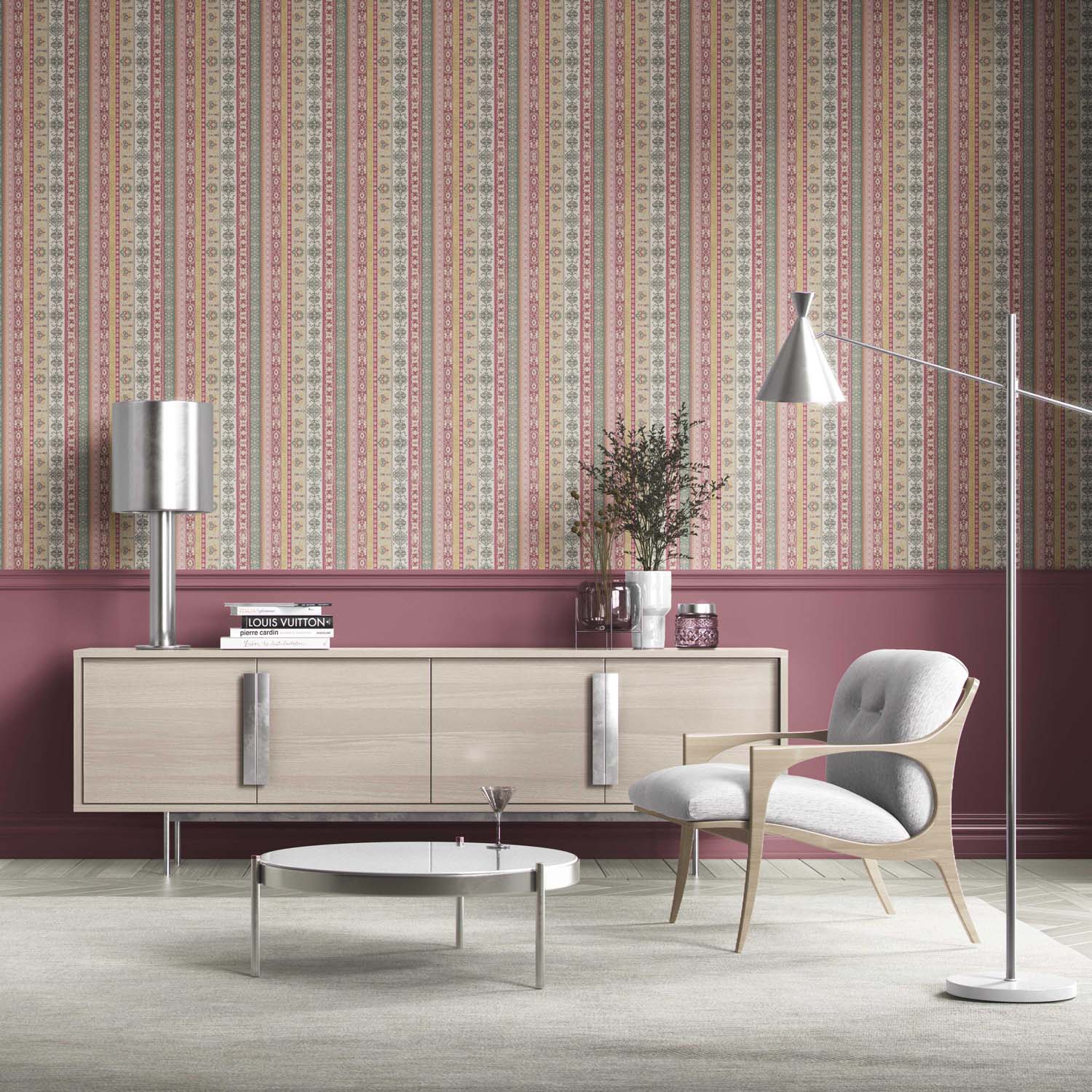 Vintage Bohemian Striped Kitchen Wallpaper Sample (Pink/ Red/ Green/ Yellow)