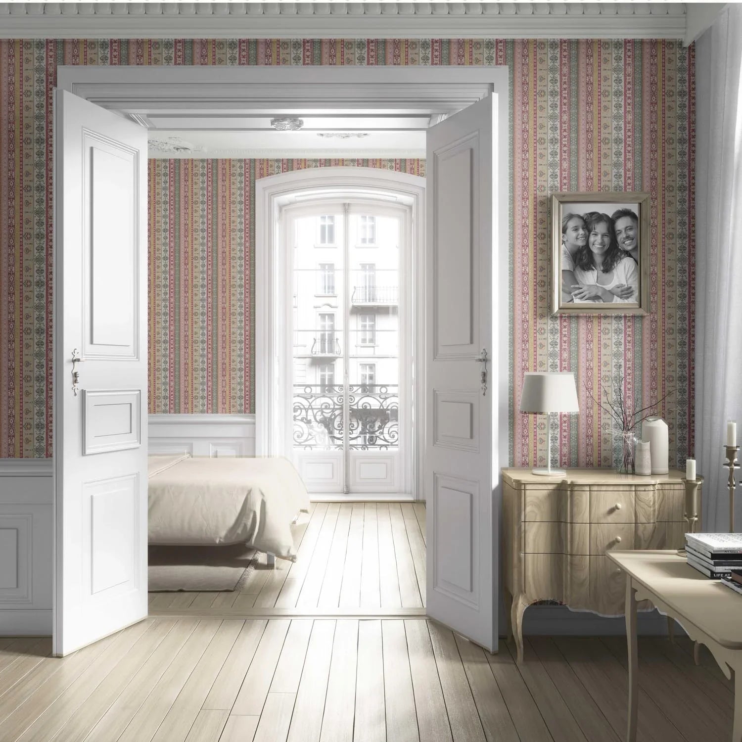 Vintage Bohemian Striped Living Room Wallpaper Sample (Pink/ Red/ Green/ Yellow)