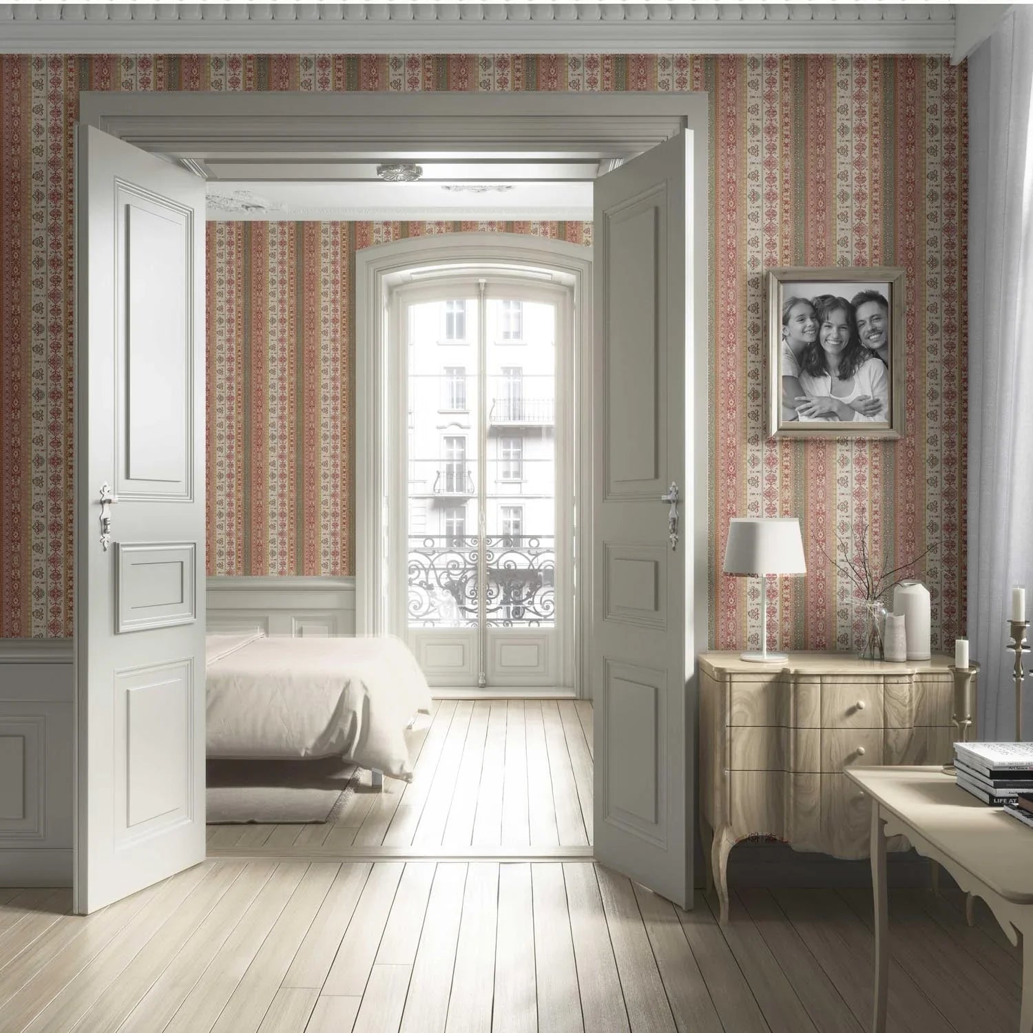 Vintage Bohemian Striped Living Room Wallpaper Sample (Red/ Orange/ Green/ Yellow/ Brown)