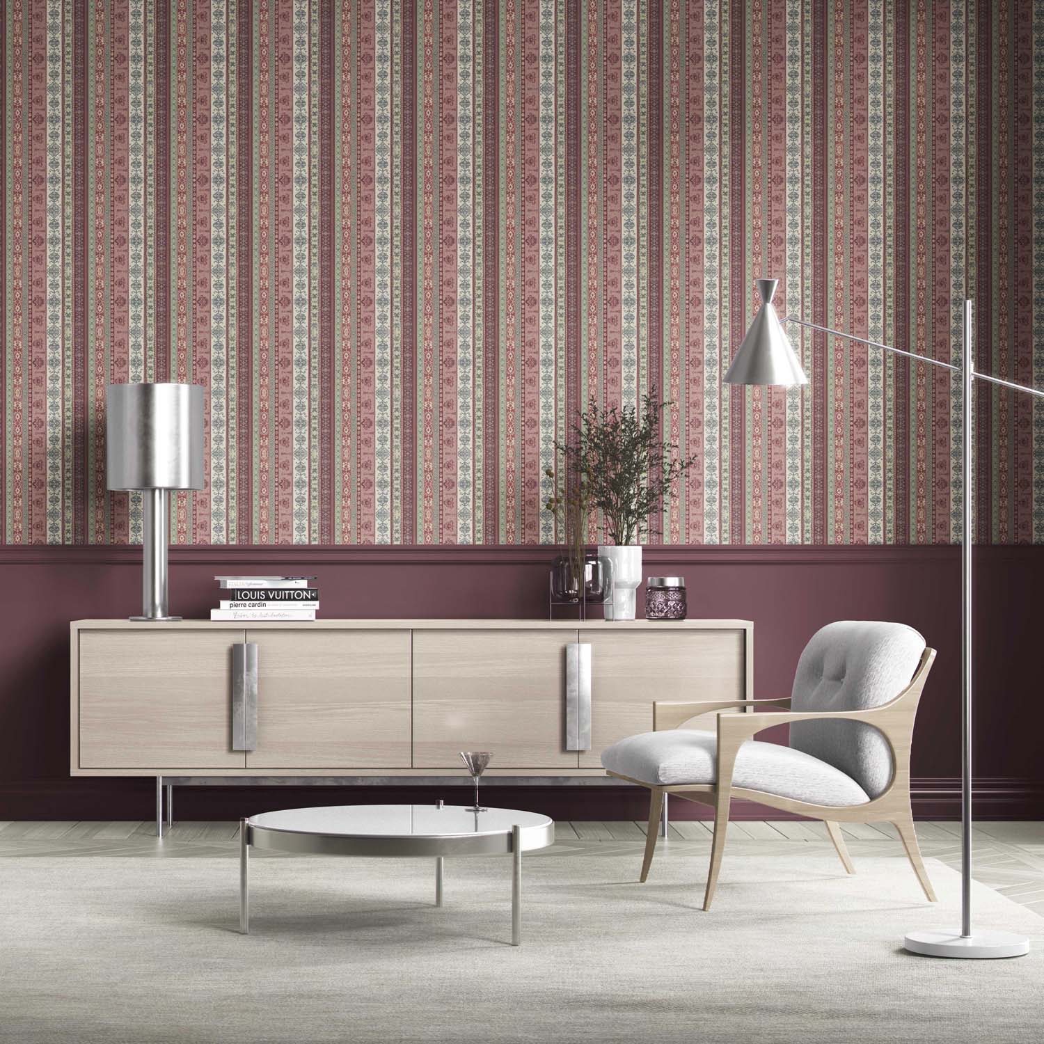 Vintage Bohemian Striped Kitchen Wallpaper Sample (Purple/ Pink/ Mauve/ Sage Green)