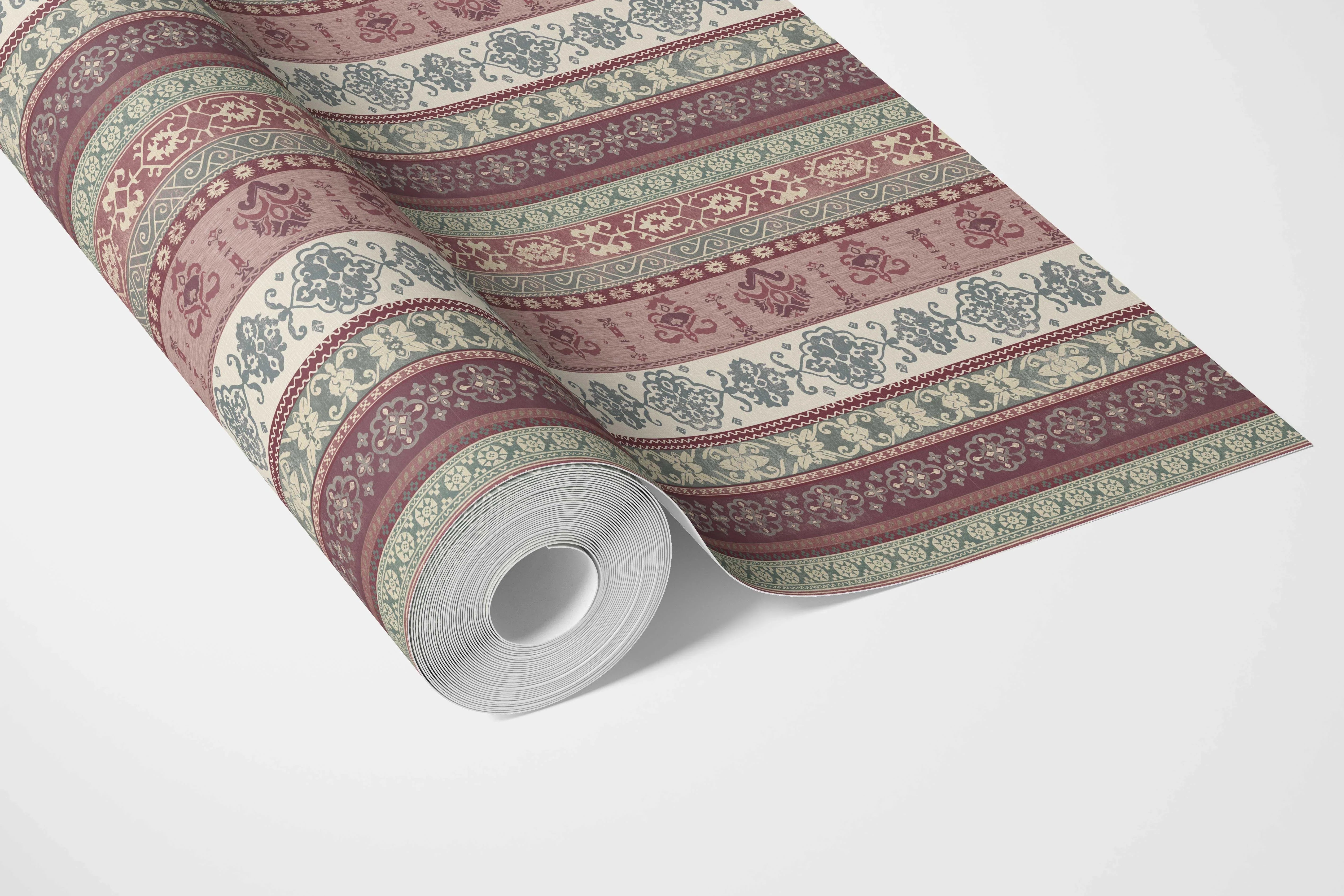 Vintage Bohemian Striped Bathroom Wallpaper Sample (Purple/ Pink/ Mauve/ Sage Green)