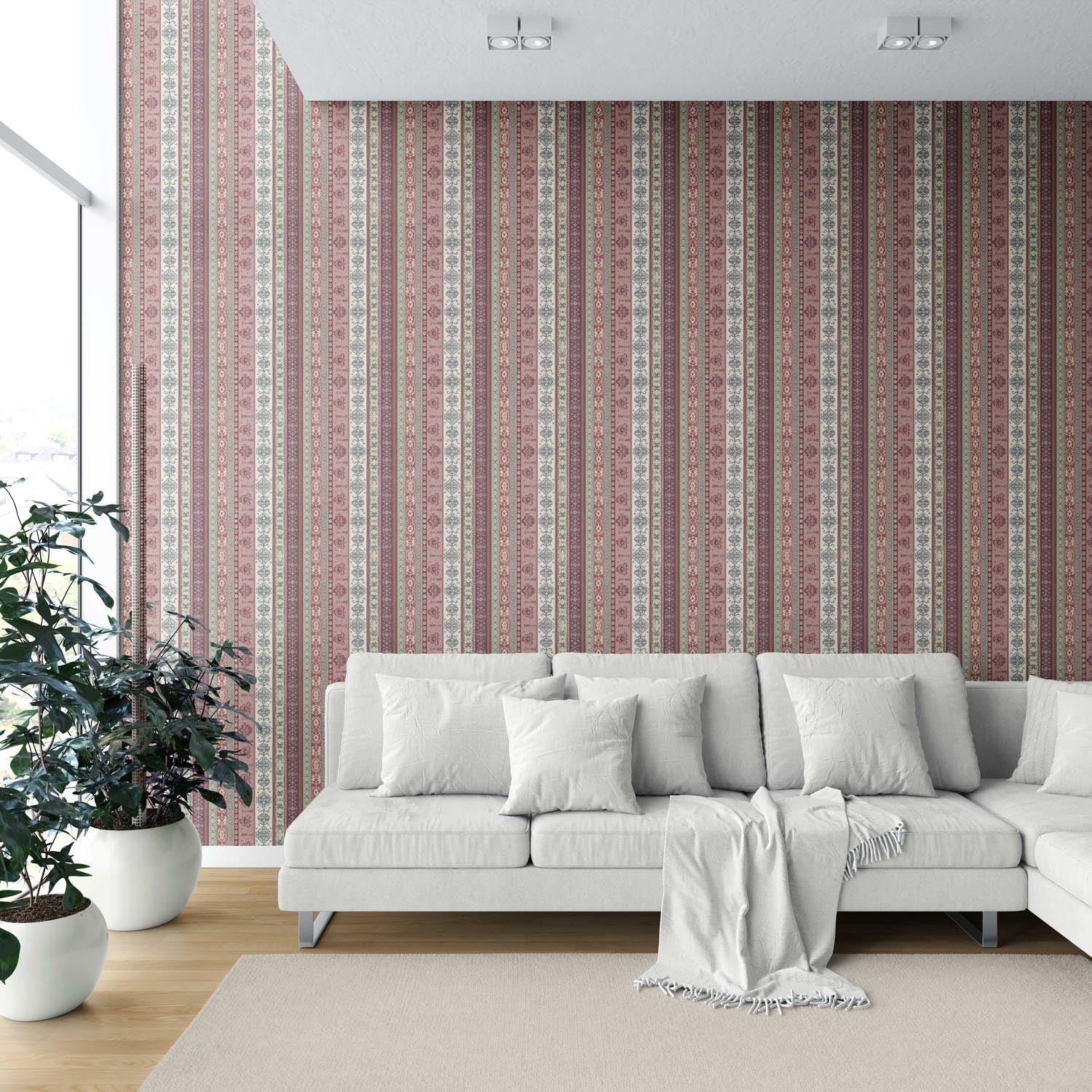 Vintage Bohemian Striped Shower Toilet Wallpaper Sample (Purple/ Pink/ Mauve/ Sage Green)
