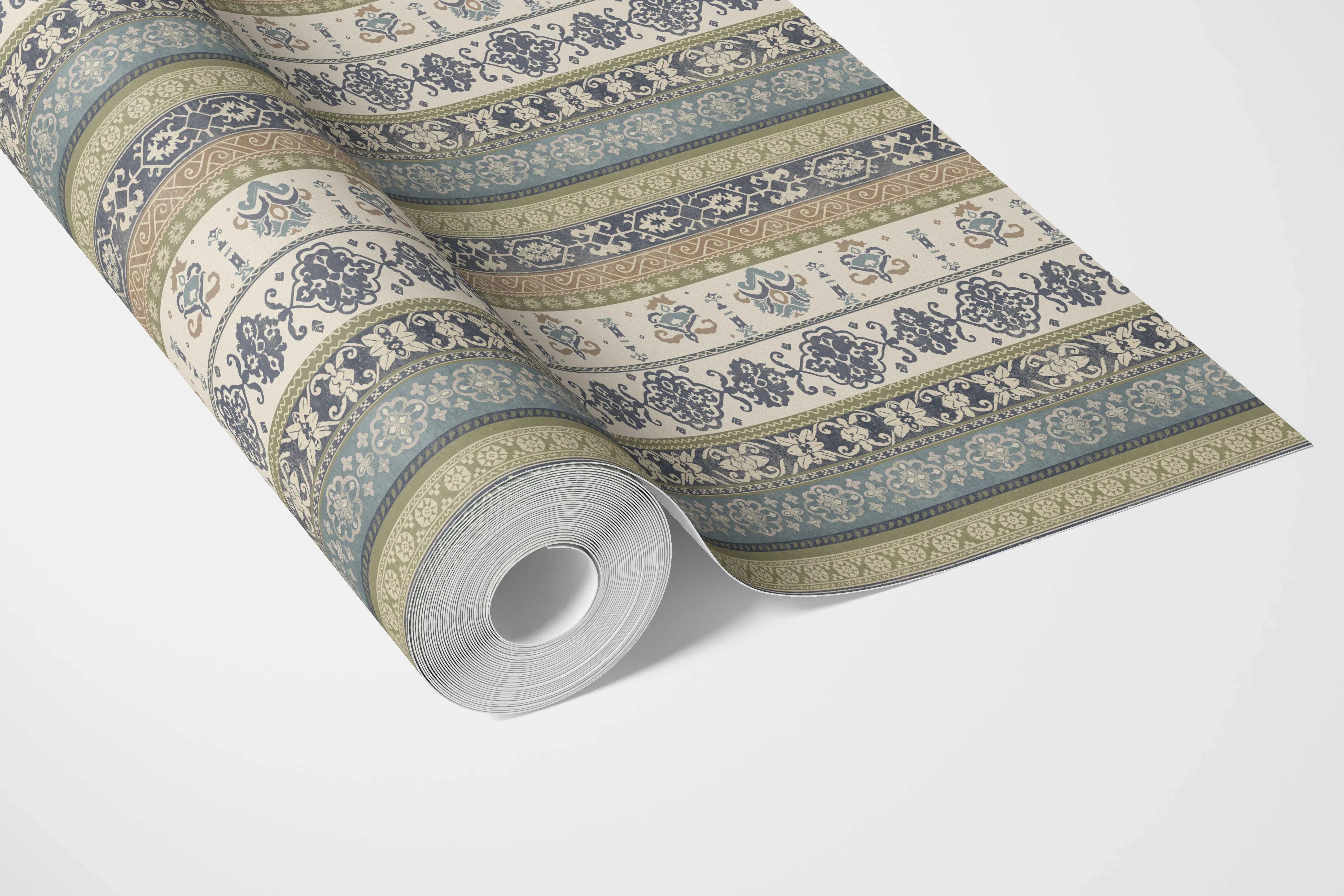 Vintage Bohemian Striped Bathroom Wallpaper Sample (Navy Blue/ Olive Green/ Gray/ Brown)