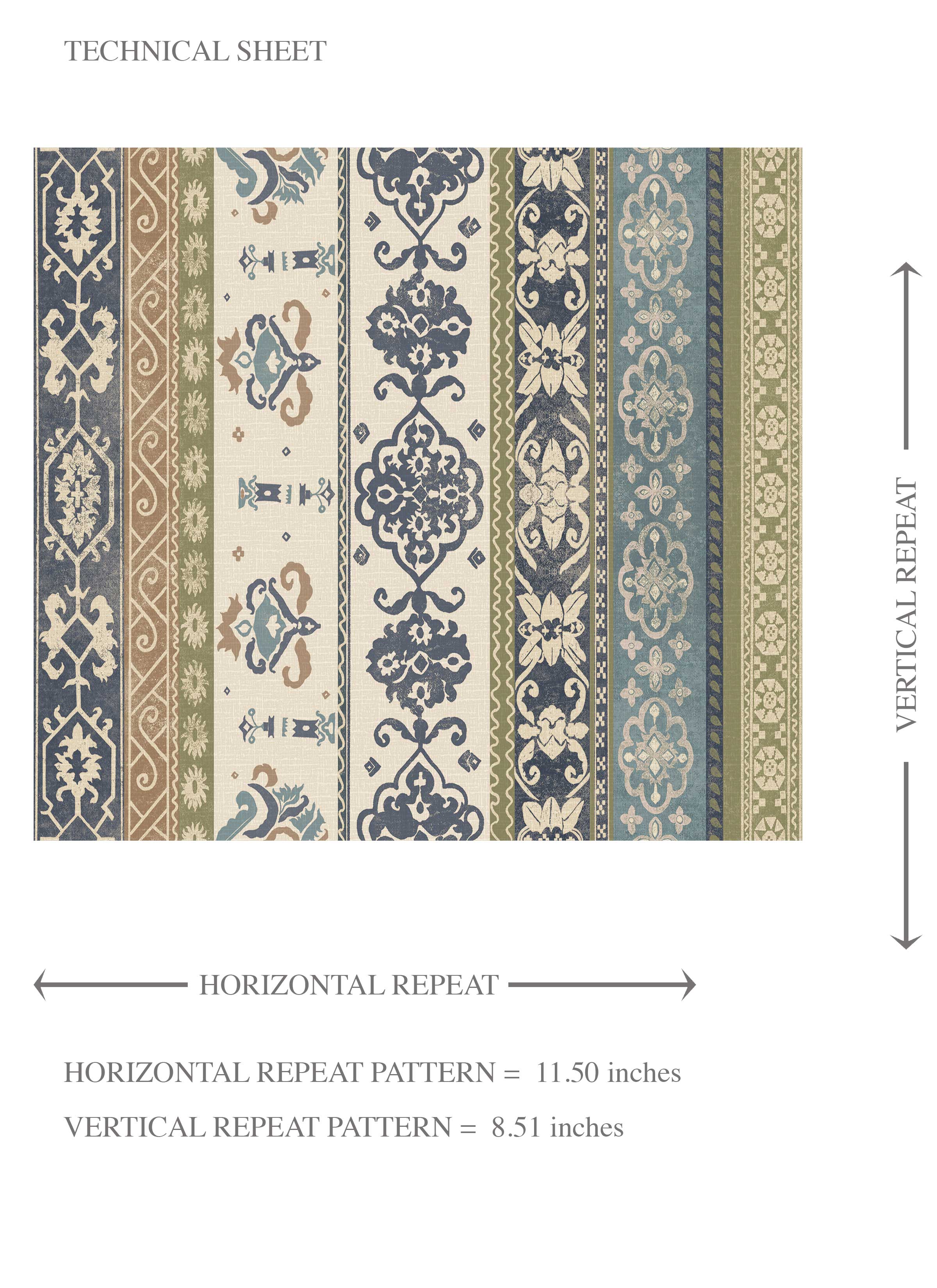 Vintage Bohemian Striped Kids Room Wallpaper Sample (Navy Blue/ Olive Green/ Gray/ Brown)