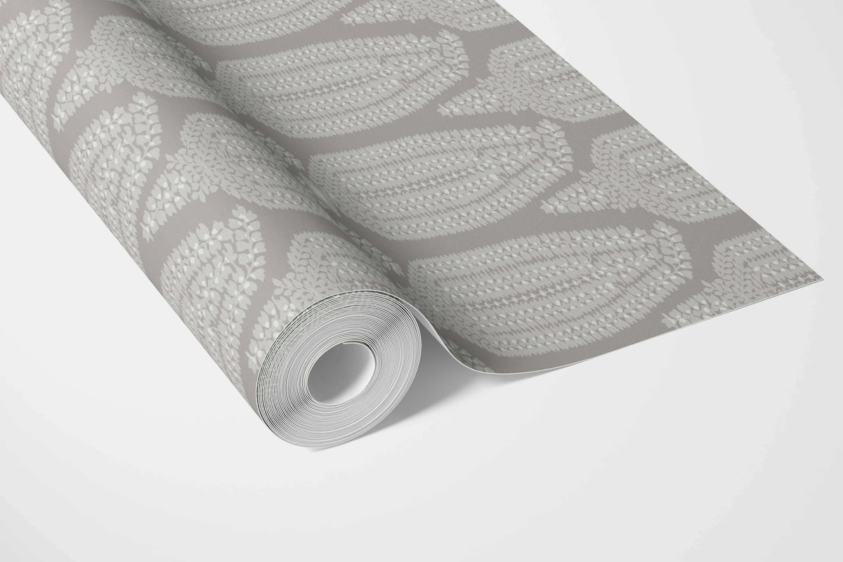 Neutral Paisley Floral Bathroom Wallpaper Sample (Gray/ White)