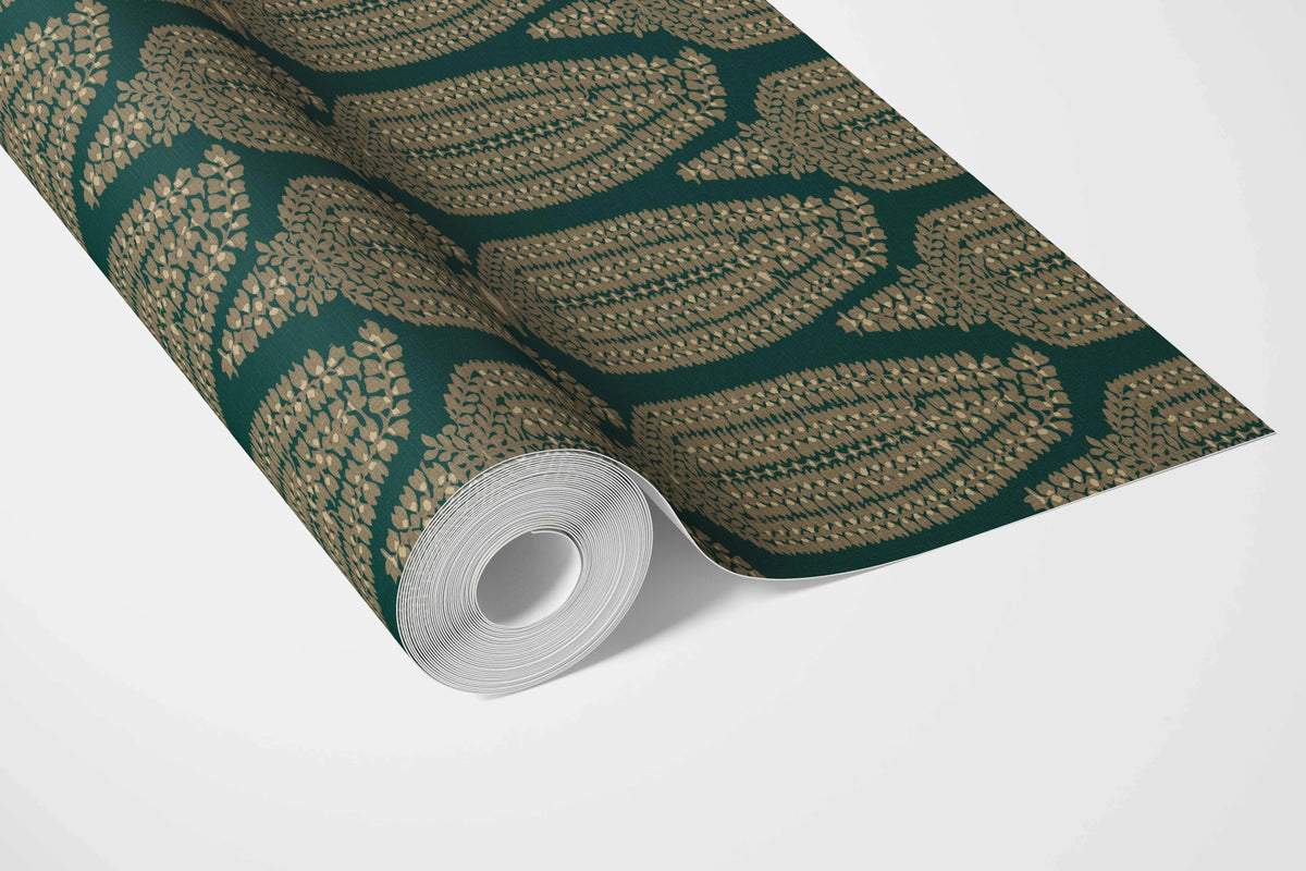 Paisley Floral Bathroom Wallpaper Sample (Emerald Green/ Gold)