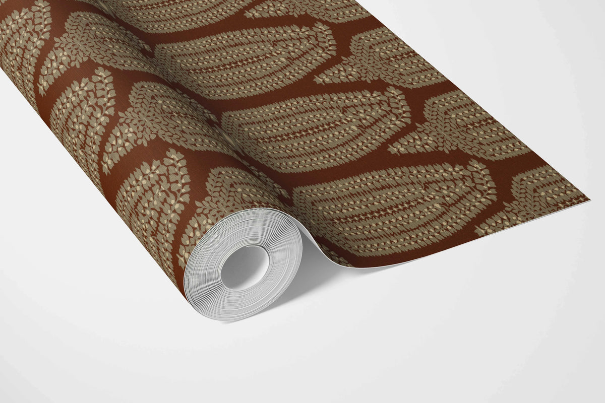Paisley Floral Bathroom Wallpaper (Garnet Brown/ Gold)