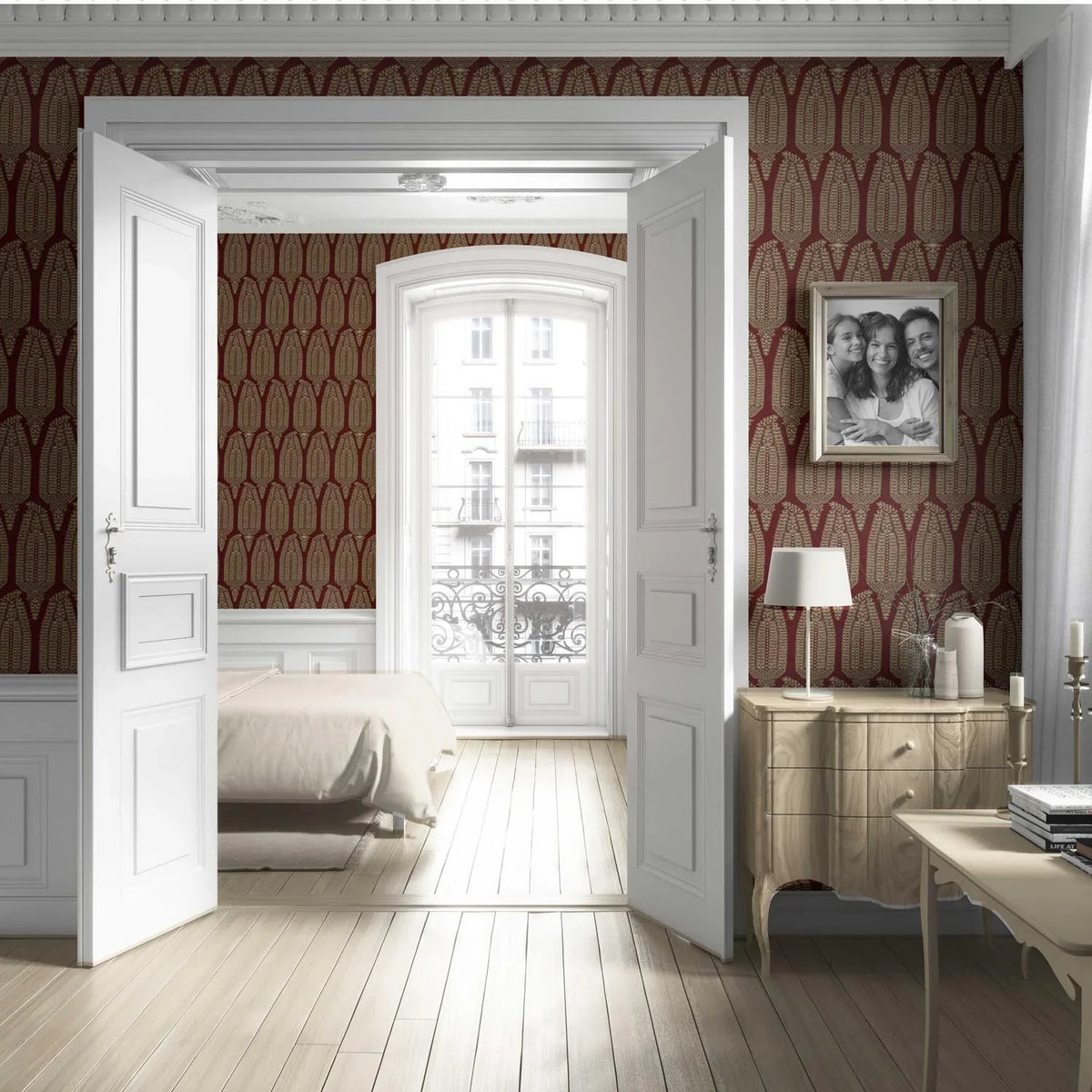 Paisley Floral Living Room Wallpaper Sample (Red/ Gold)