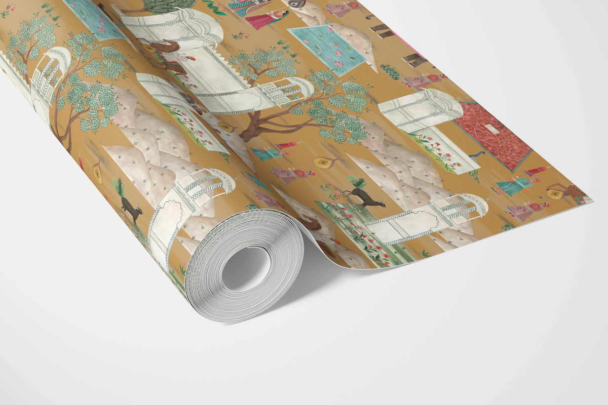 Ethnic/ Heritage/ Horses & Castles Print Bathroom Wallpaper Sample (Yellow/ Red/ Green/ Blue/ Pink)