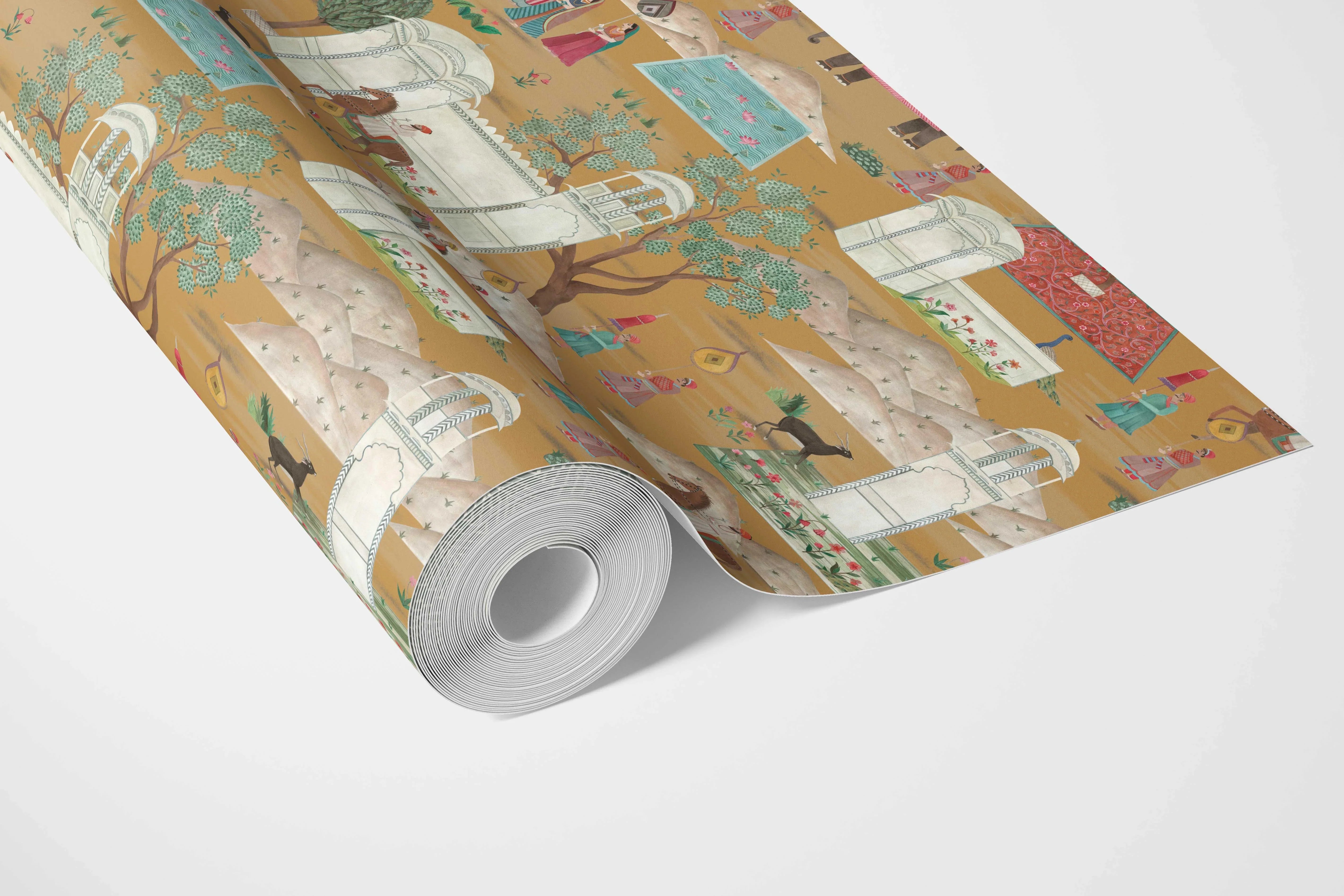 Ethnic/ Heritage/ Horses & Castles Print Bathroom Wallpaper Sample (Yellow/ Red/ Green/ Blue/ Pink)