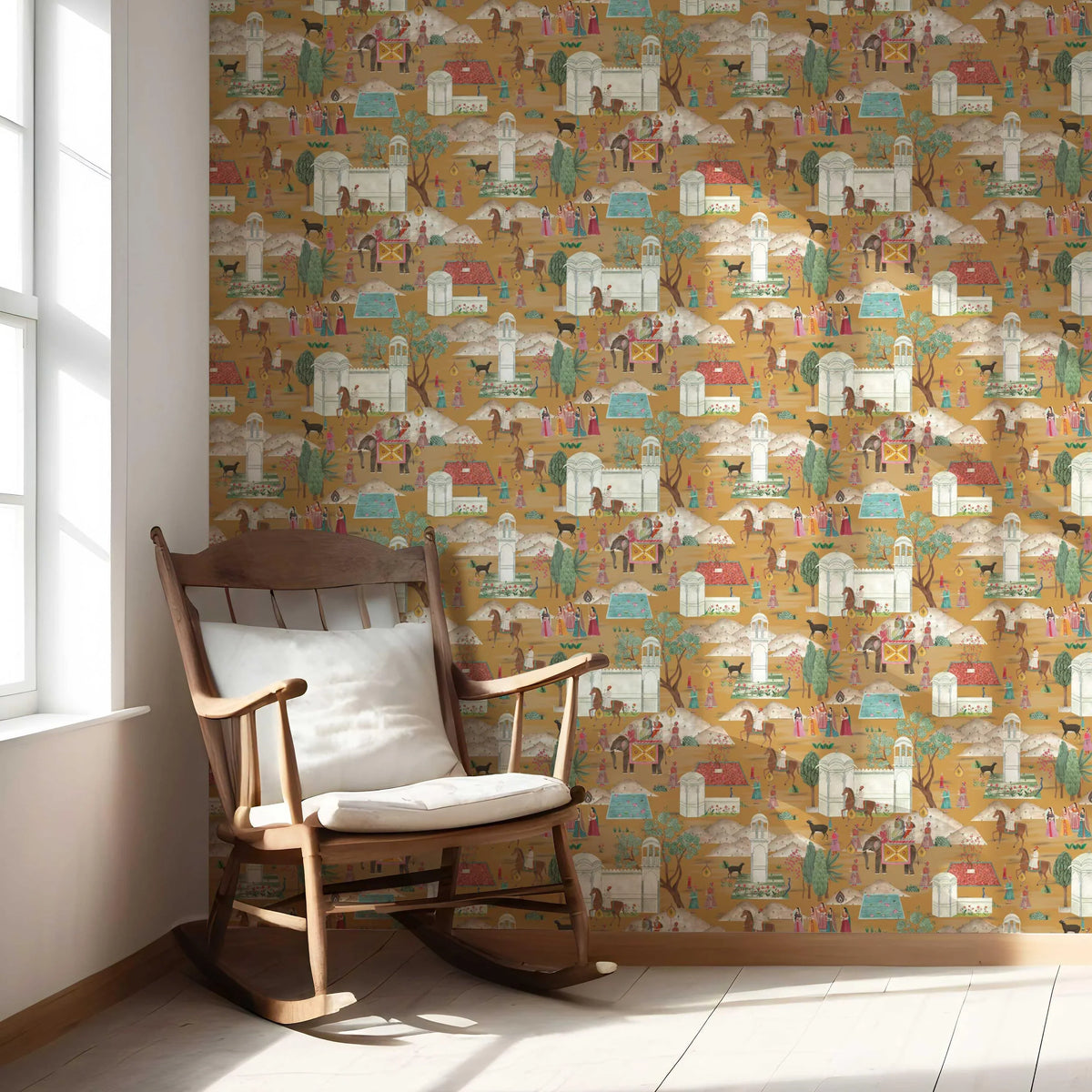 Ethnic/ Heritage/ Horses & Castles Print Nursery Wallpaper Sample (Yellow/ Red/ Green/ Blue/ Pink)