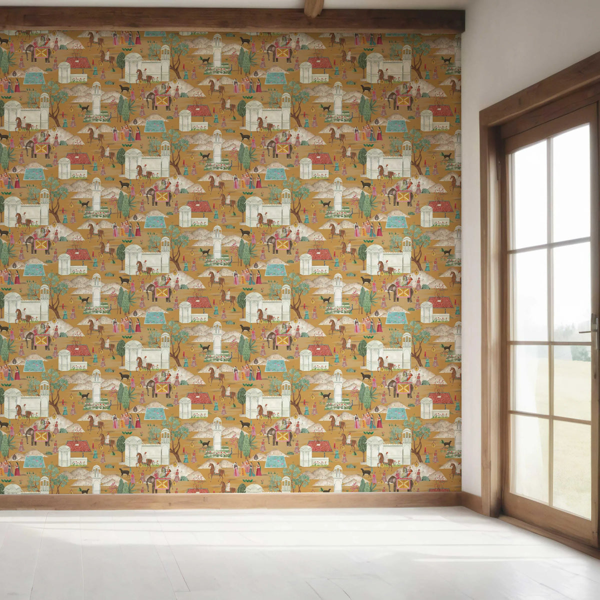 Ethnic/ Heritage/ Horses & Castles Print Bedroom Wallpaper Sample (Yellow/ Red/ Green/ Blue/ Pink)