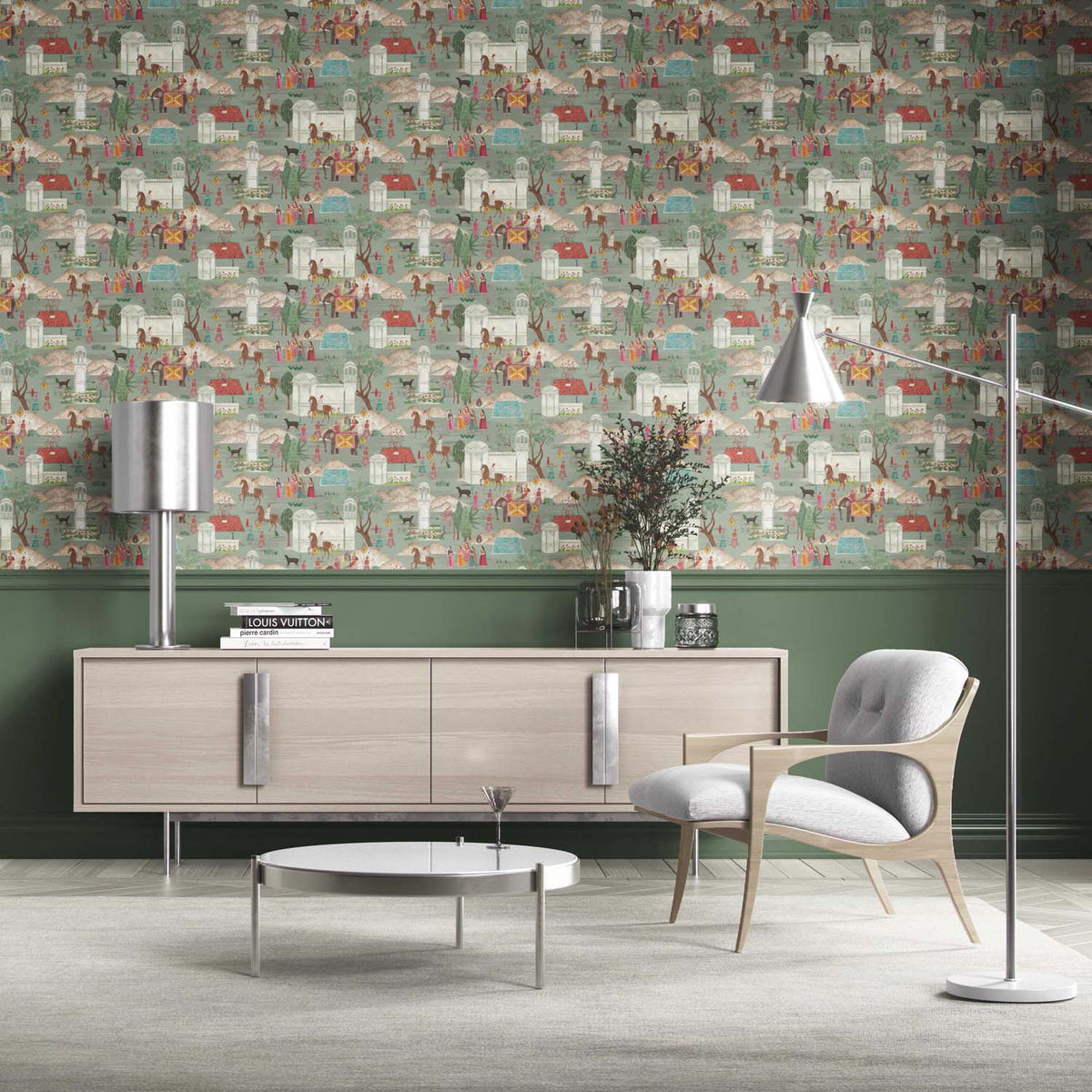 Ethnic/ Heritage/ Horses & Castles Print Kitchen Wallpaper (Green/ Blue/ Red/ Pink/ Yellow)