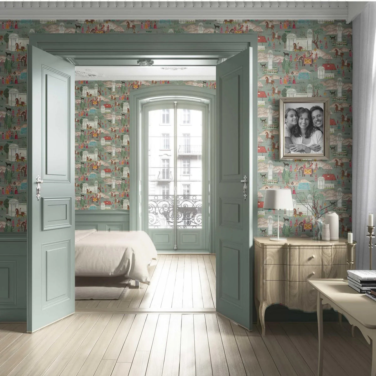 Ethnic/ Heritage/ Horses & Castles Print Living Room Wallpaper (Green/ Blue/ Red/ Pink/ Yellow)