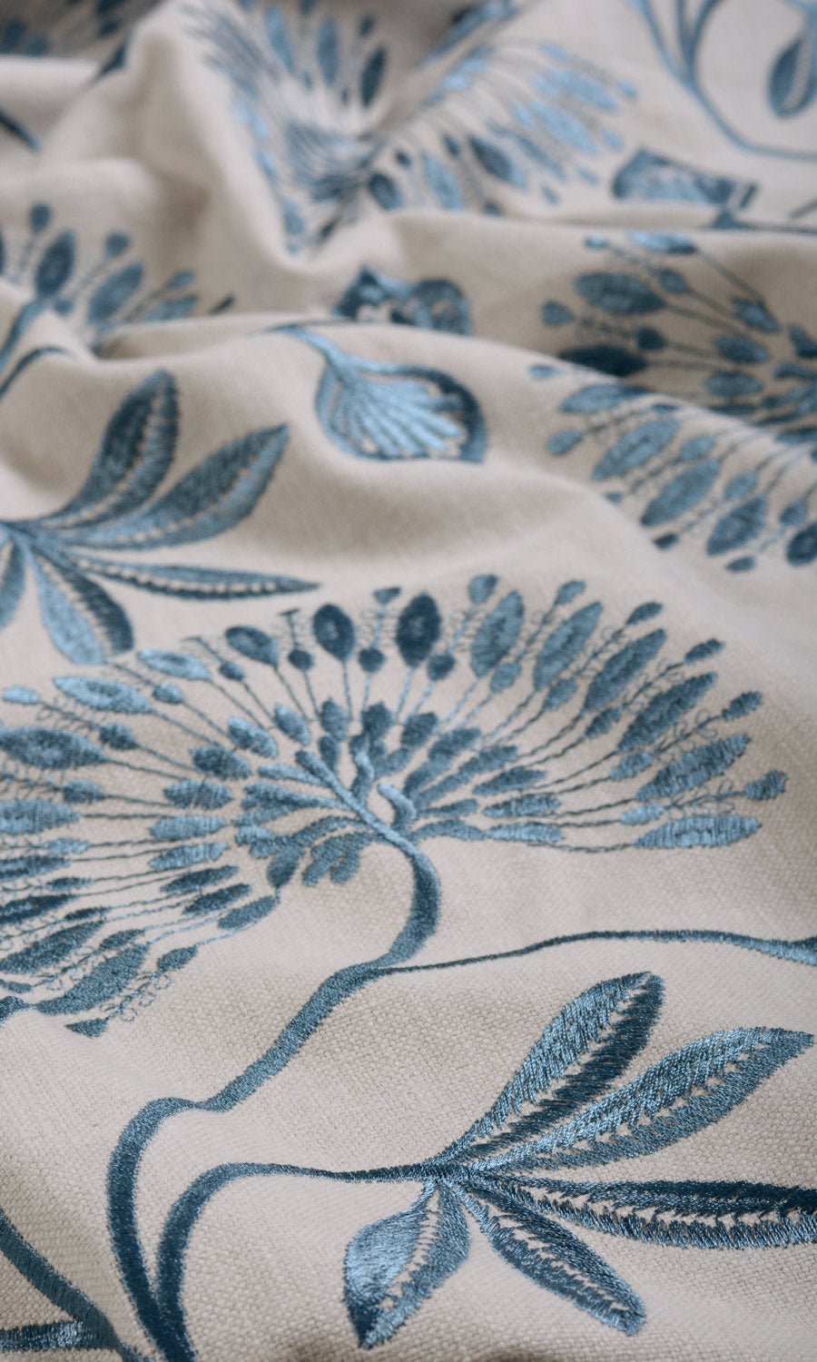 Vine Embroidered Fabric Sample for Curtains & Drapes (Pale Beige/ Ocean Blue)