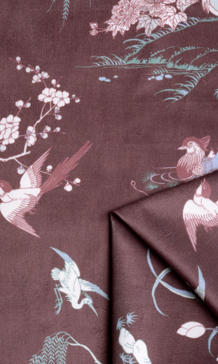 Chinoiserie Toile Velvet Fabric Material By the Yard (Burgundy Red)