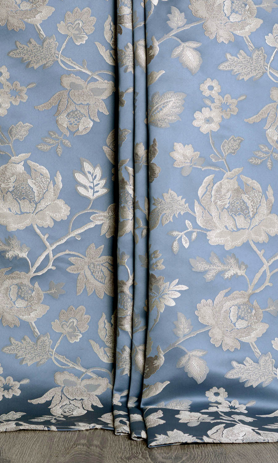 Floral Faux Silk Home Décor Fabric Sample (Indigo Blue/ Greige)