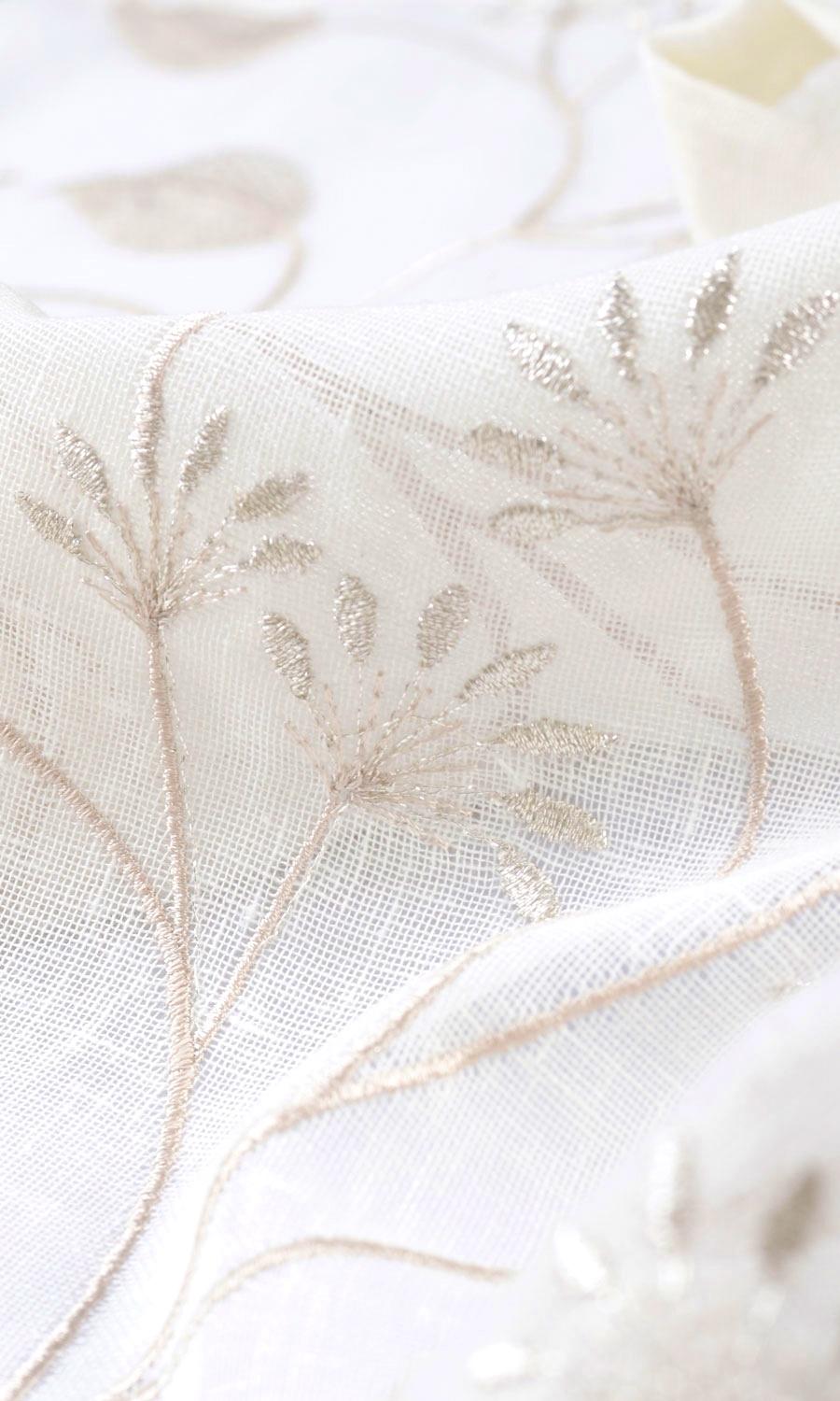 Sheer Floral Embroidered Fabric By the Yard for Curtains & Drapes (White/ Beige)
