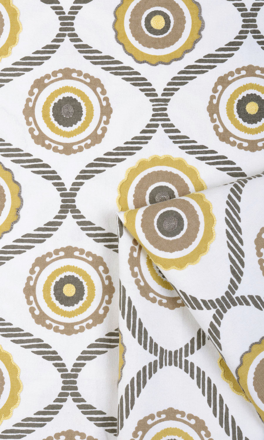 Printed Cotton Fabric By the Yard for Curtains & Drapes (Ocher Yellow/ Gray/ Brown)