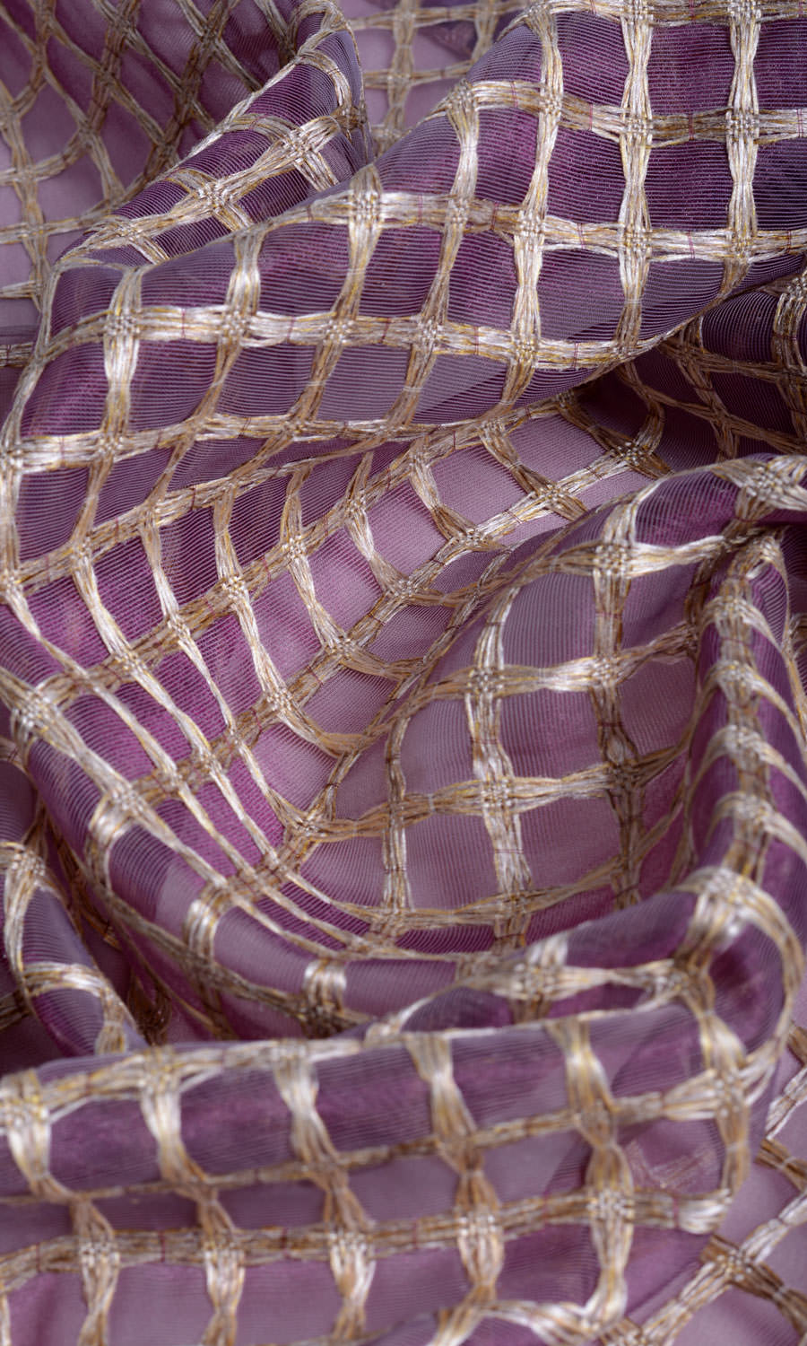 Embroidered Check Sheer Window Treatments Fabric Sample (Purple and Gold)