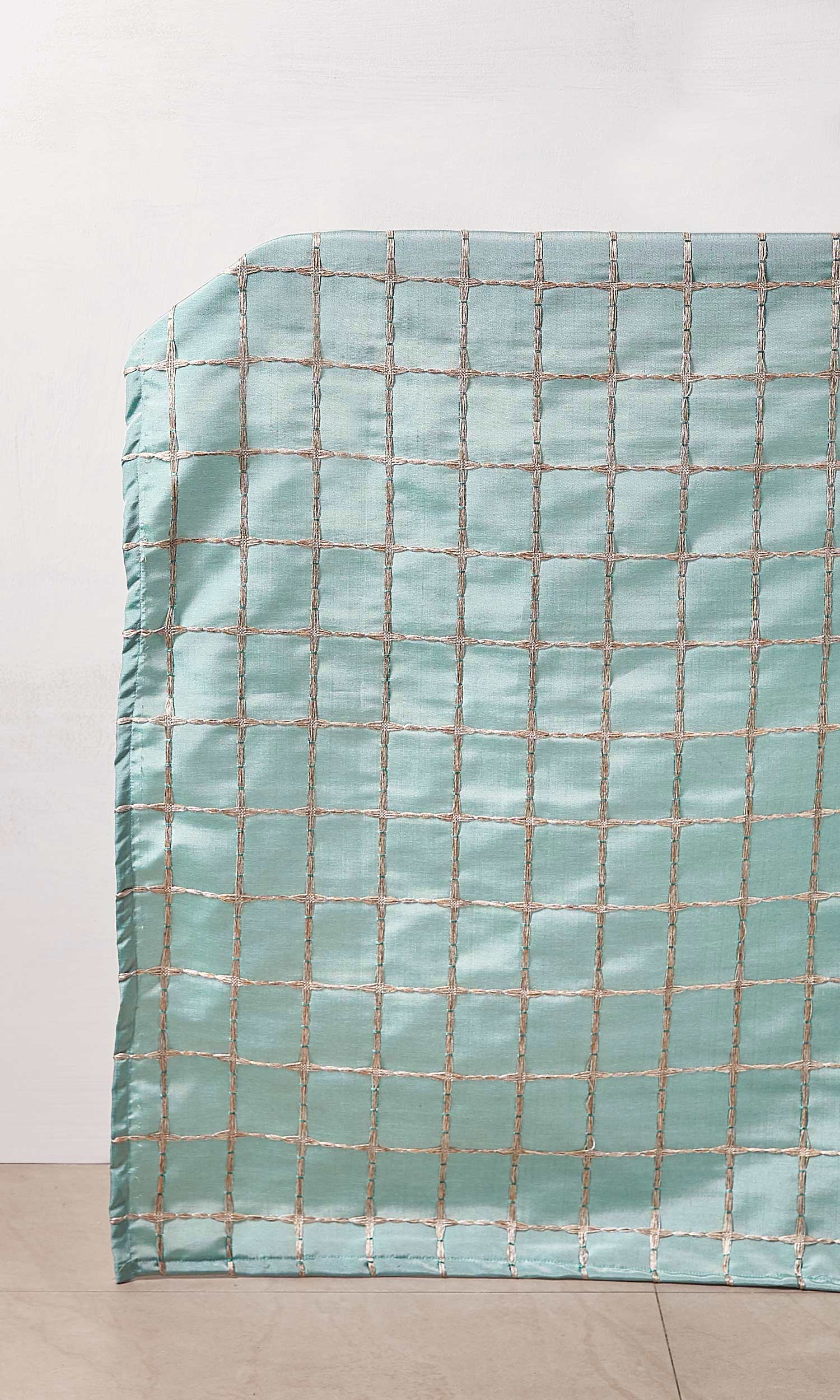 Embroidered Check Window Treatments Fabric Sample (Blue and Gold)