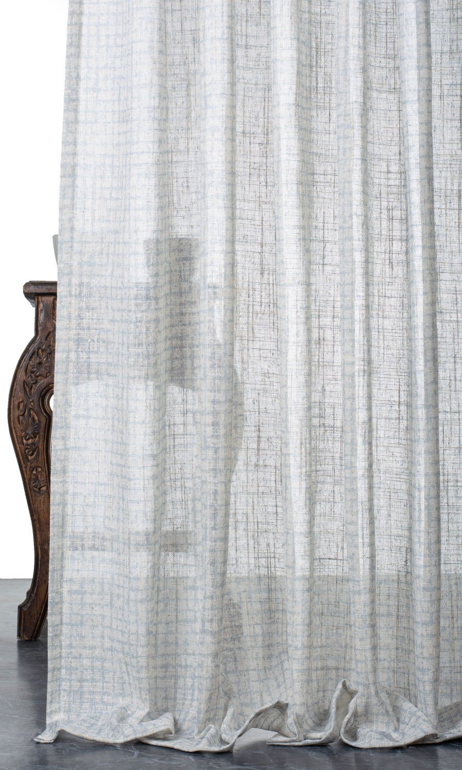 Checked Sheer Window Treatments Fabric By the Yard (White/ Turquoise Blue)