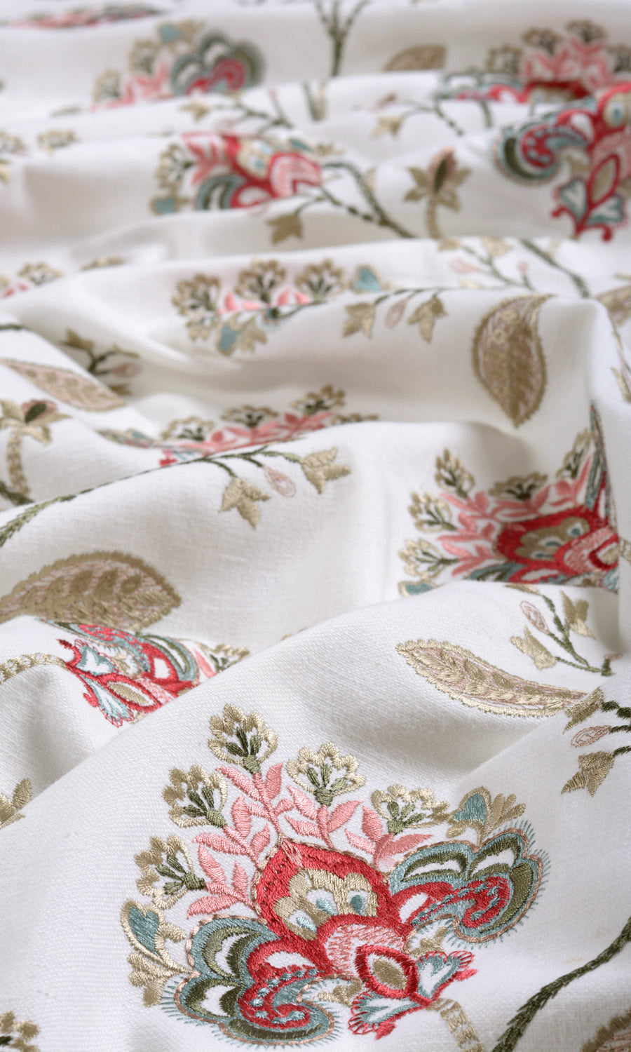 Floral Embroidery Fabric Sample for Curtains & Drapes (White/ Red/ Pink)