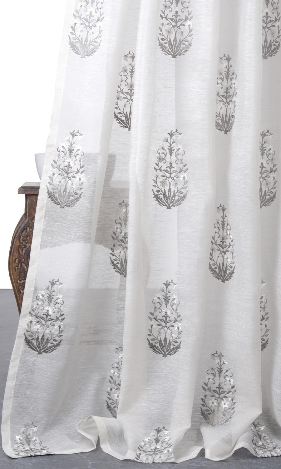 Sheer Floral Paisley Home Décor Fabric By the Yard (White/ Gray)