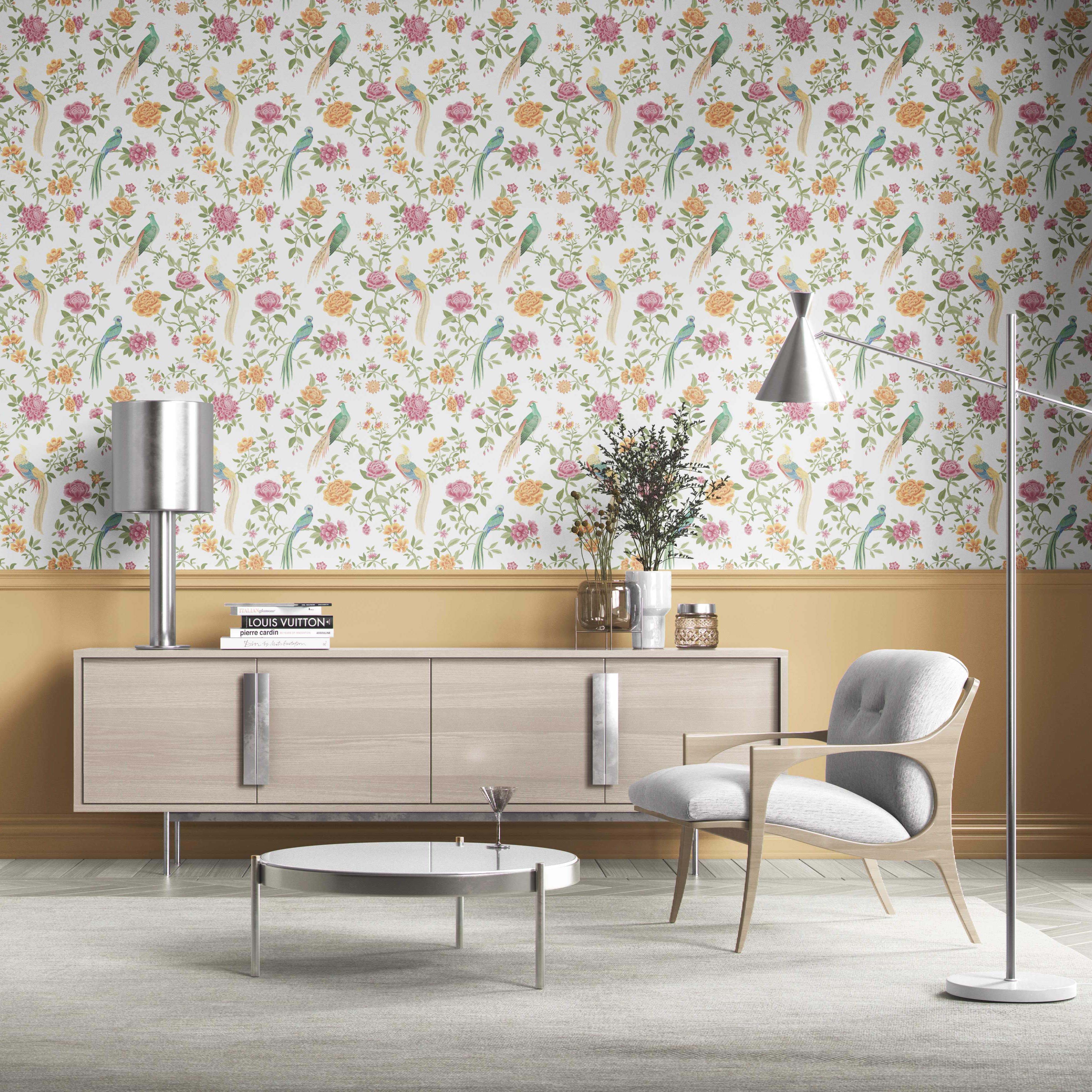 Floral Chinoiserie/ Nature Bird Print Kitchen Wallpaper (Pink/ Green/ Yellow)