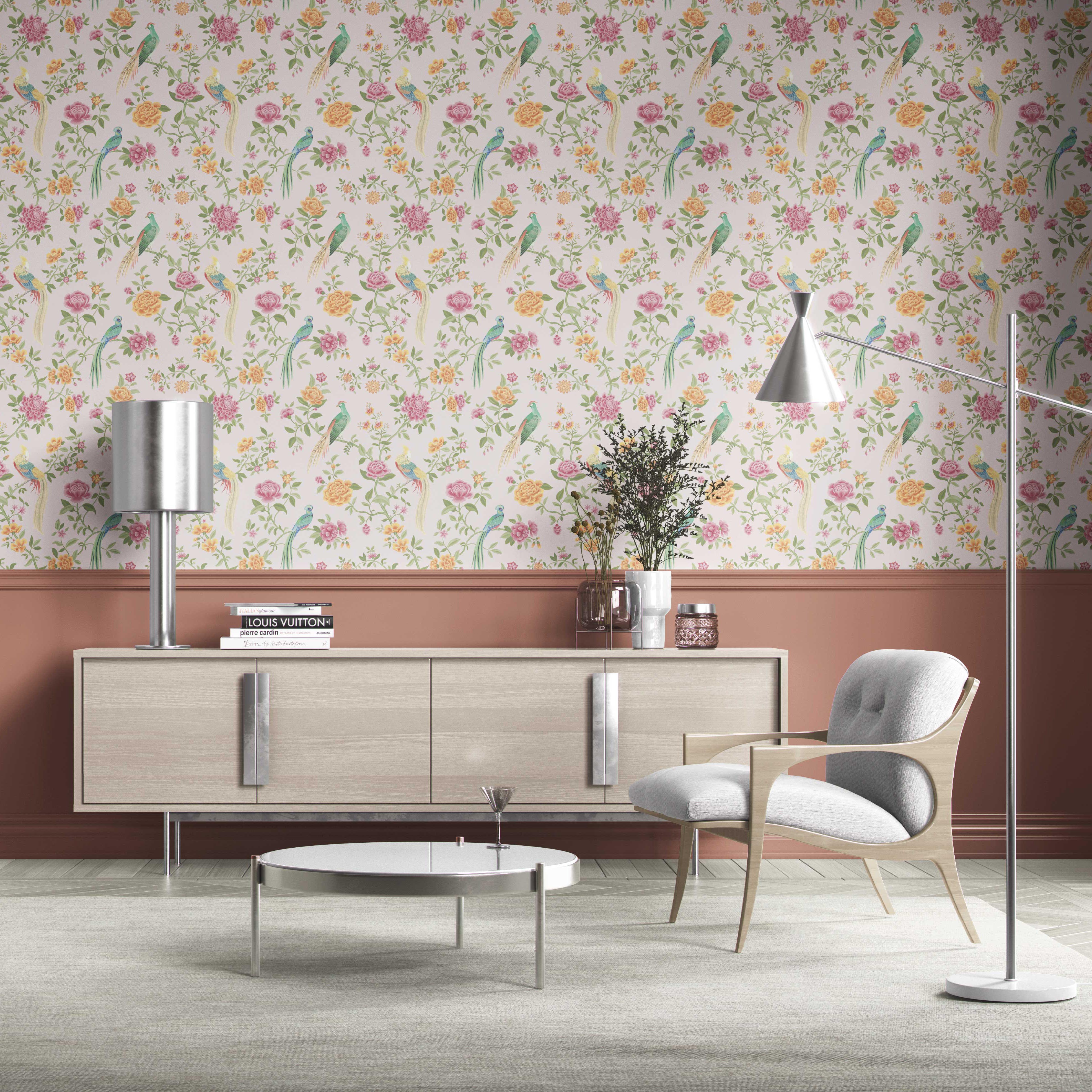 Floral Chinoiserie/ Nature Bird Print Kitchen Wallpaper Sample (Blush Pink/ Blue/ Green/ Orange/ Yellow)