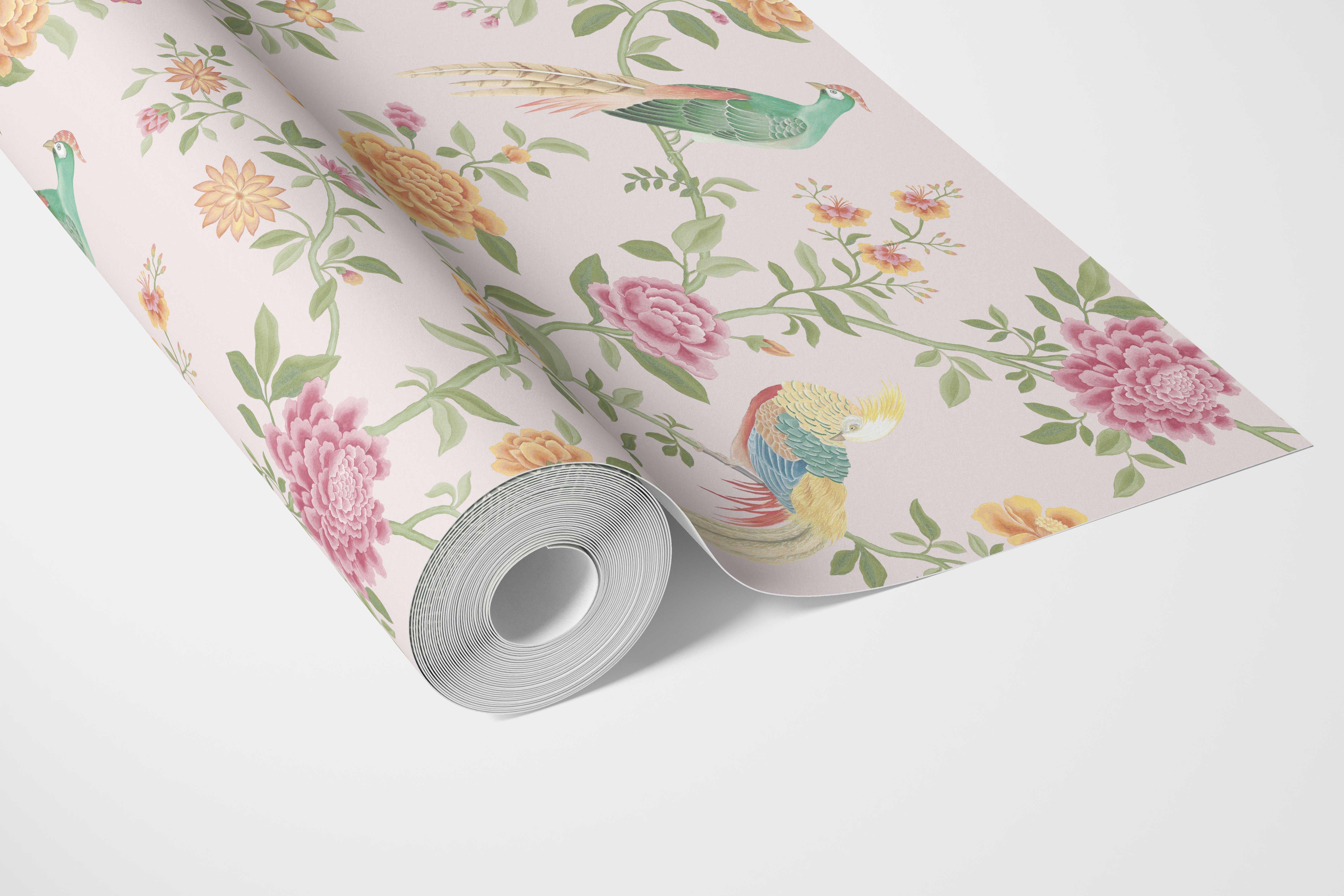 Floral Chinoiserie/ Nature Bird Print Bathroom Wallpaper Sample (Blush Pink/ Blue/ Green/ Orange/ Yellow)