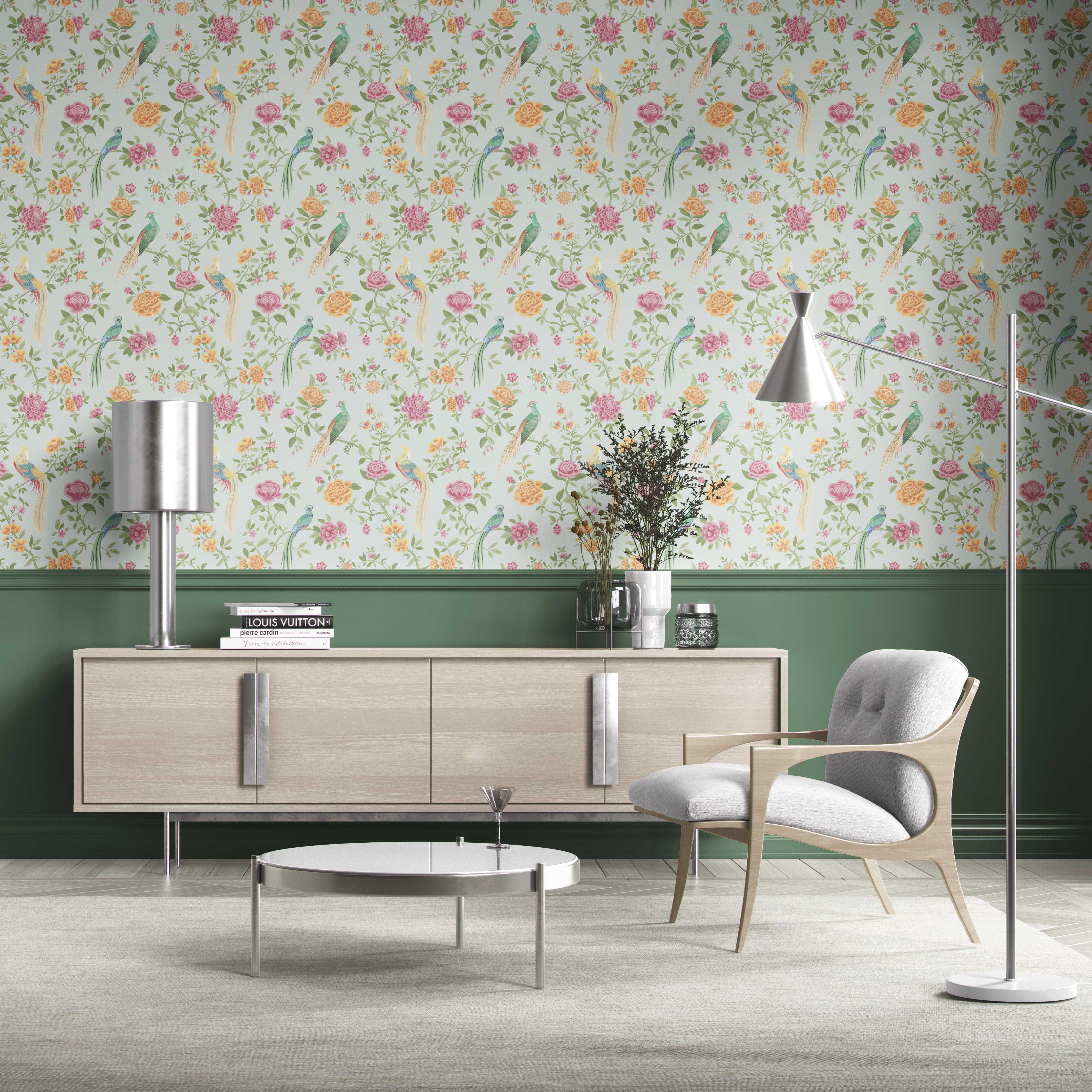 Floral Chinoiserie/ Nature Bird Print Kitchen Wallpaper Sample (Duck Egg Blue/ Pink/ Green/ Yellow)