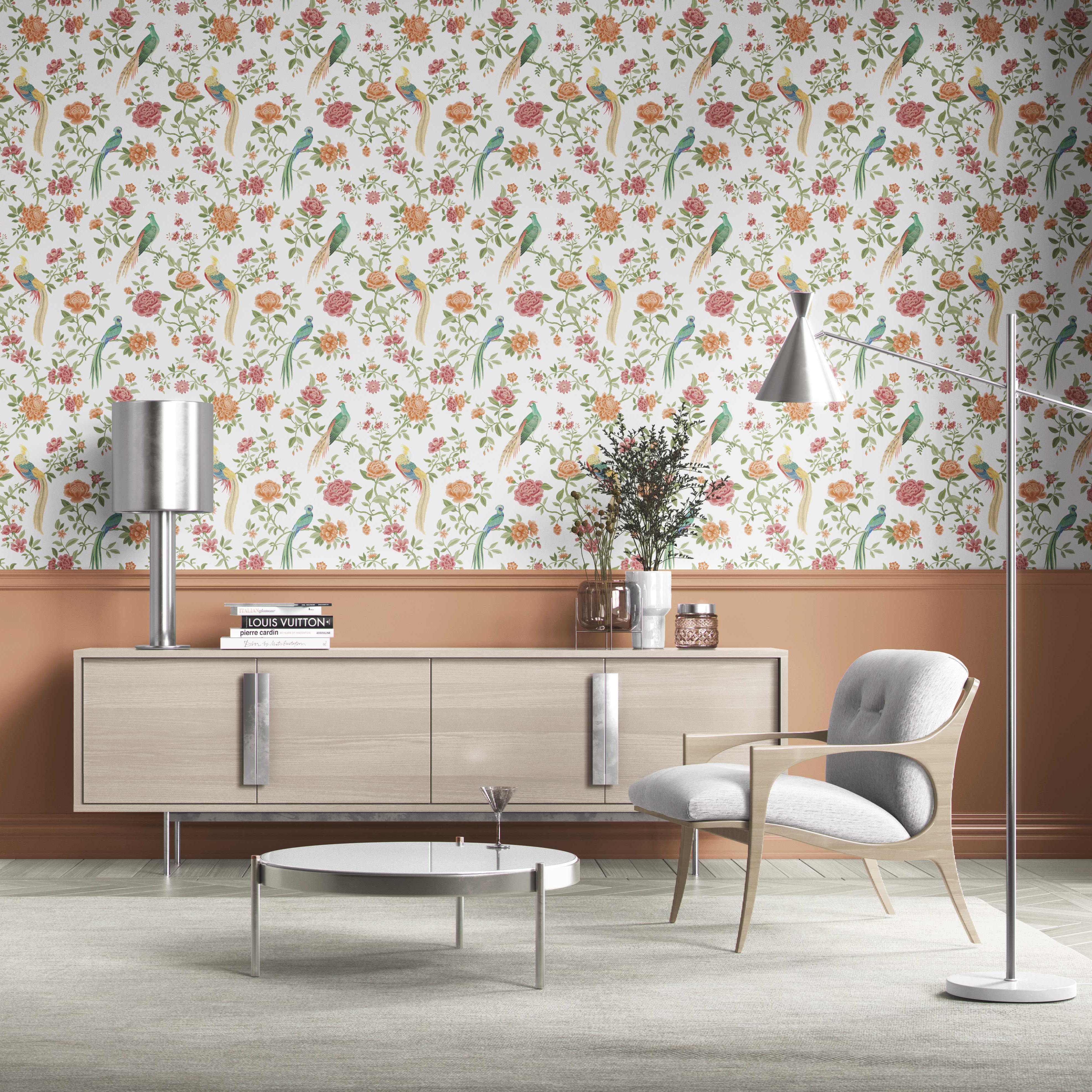 Floral Chinoiserie/ Nature Bird Print Kitchen Wallpaper (Orange/ Pink/ Blue/ Green/ Yellow)