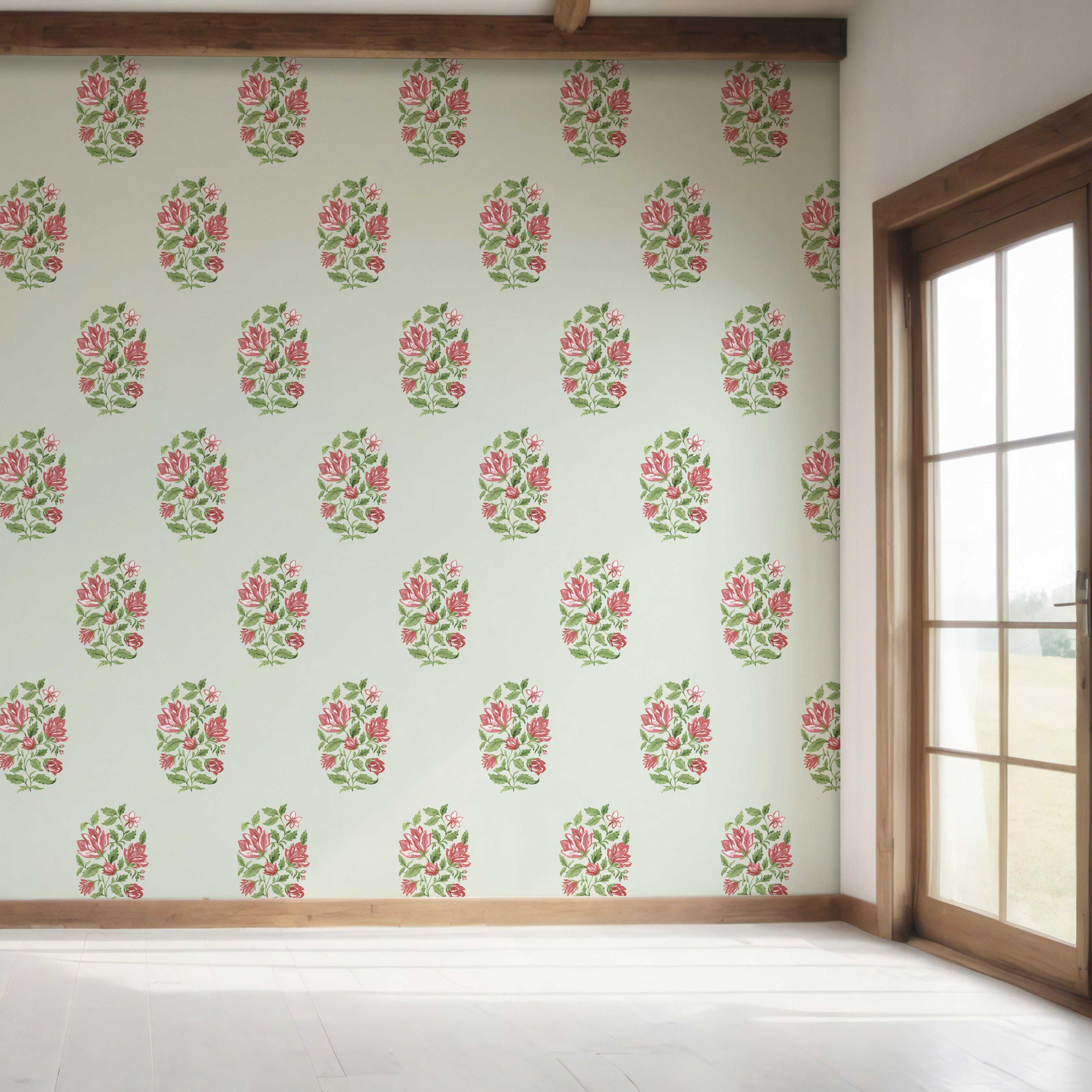 Floral Block Print Bedroom Wallpaper Sample (Mint Green/ Pink-Red)