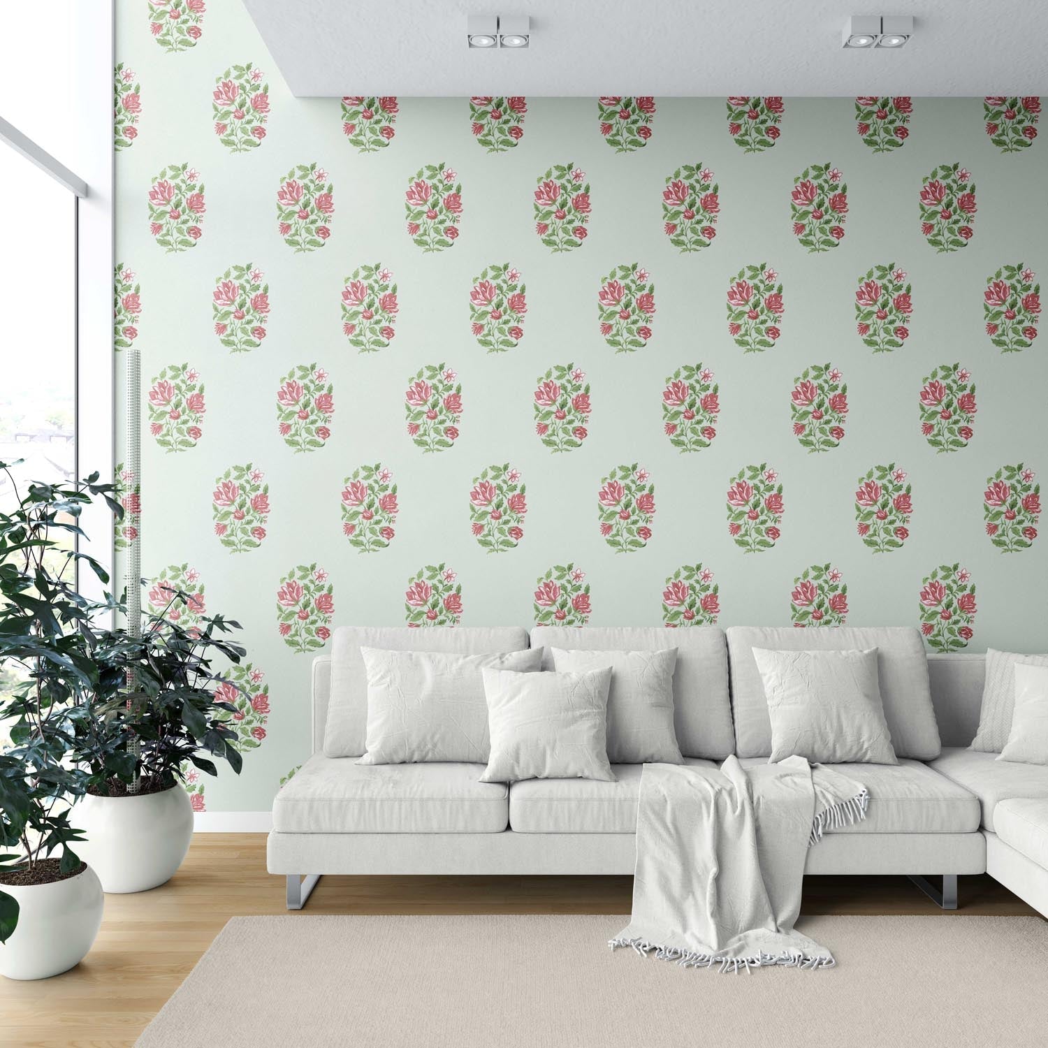 Floral Block Print Shower Toilet Wallpaper Sample (Mint Green/ Pink-Red)