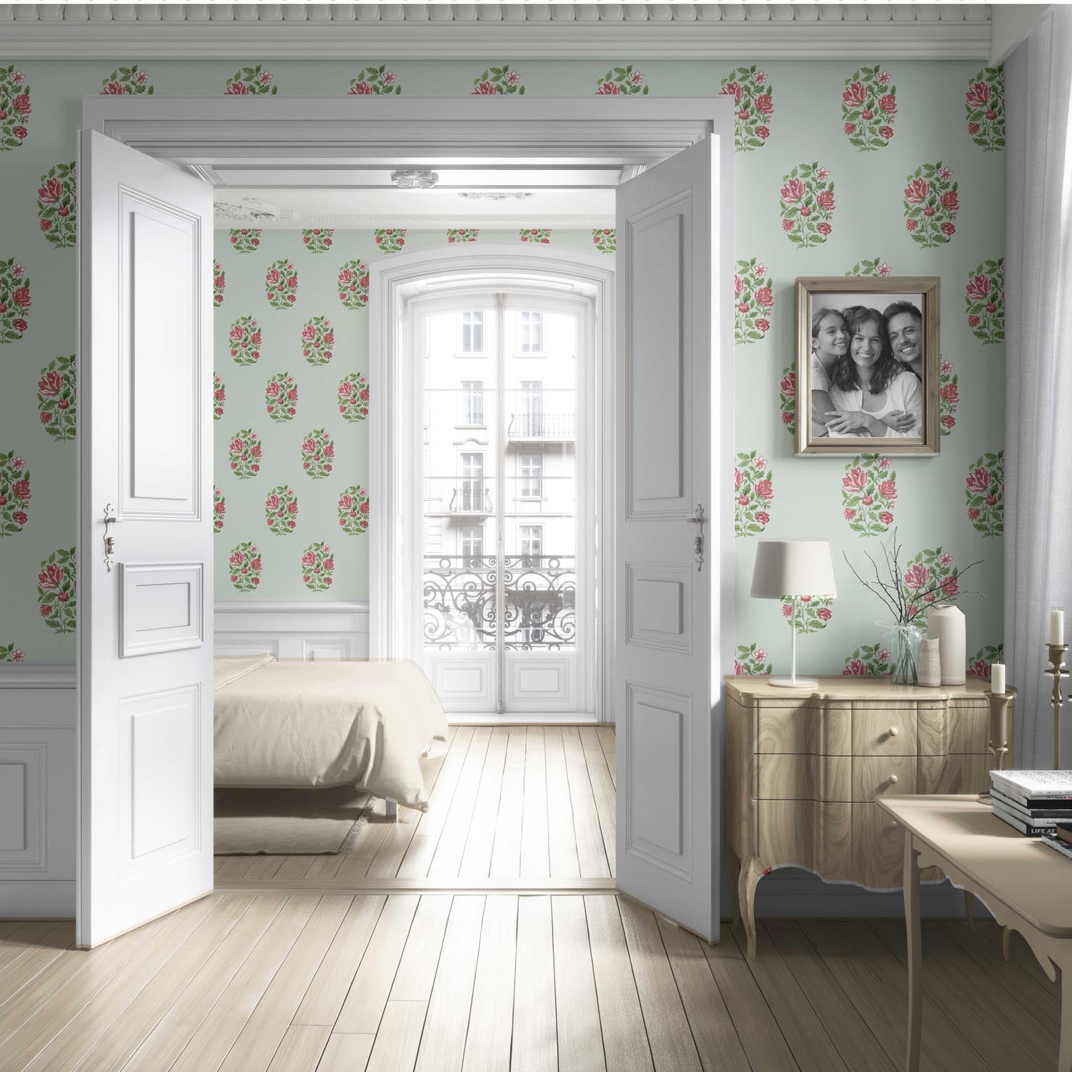 Floral Block Print Living Room Wallpaper Sample (Mint Green/ Pink-Red)