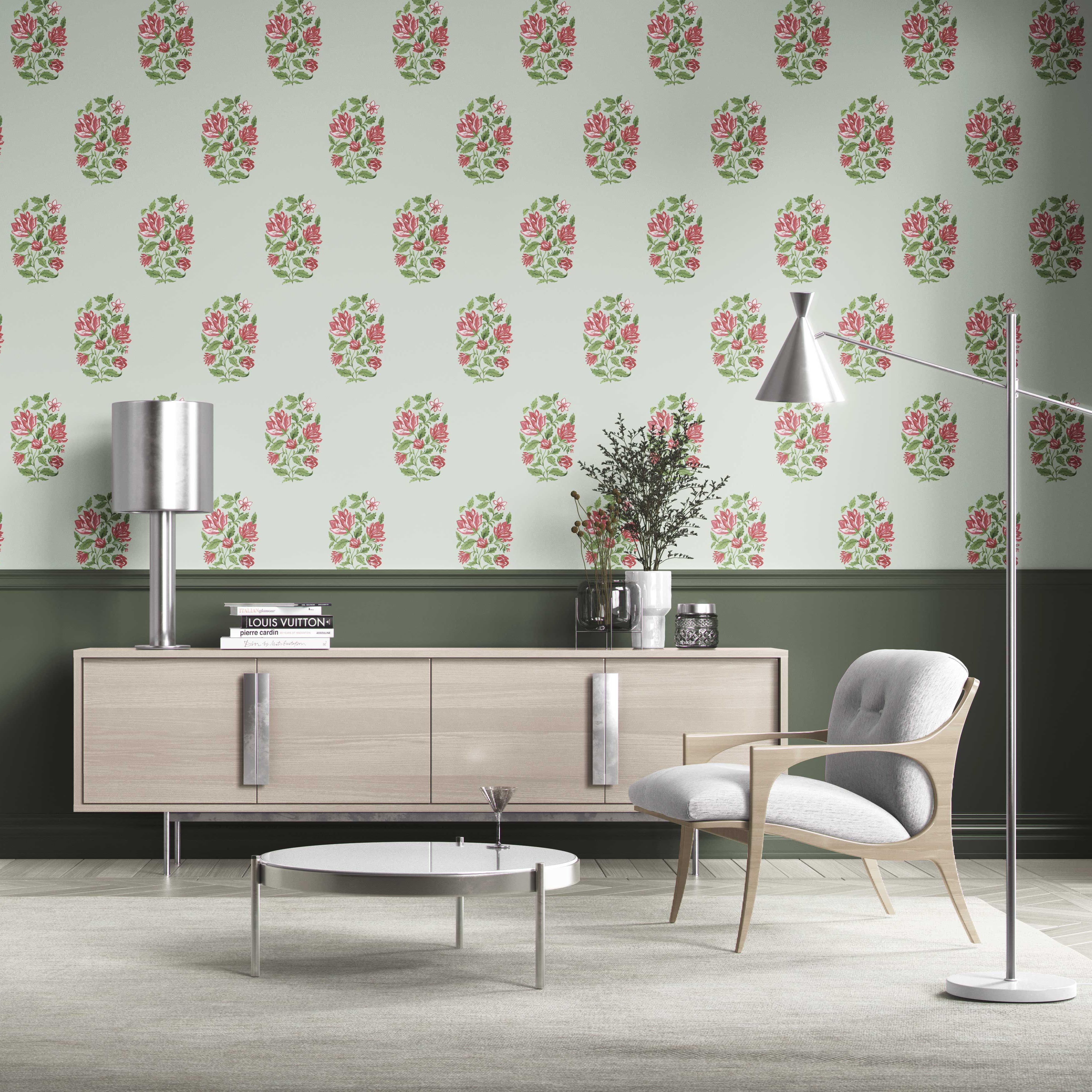 Floral Block Print Traditional Wallpaper Sample (Mint Green/ Pink-Red)