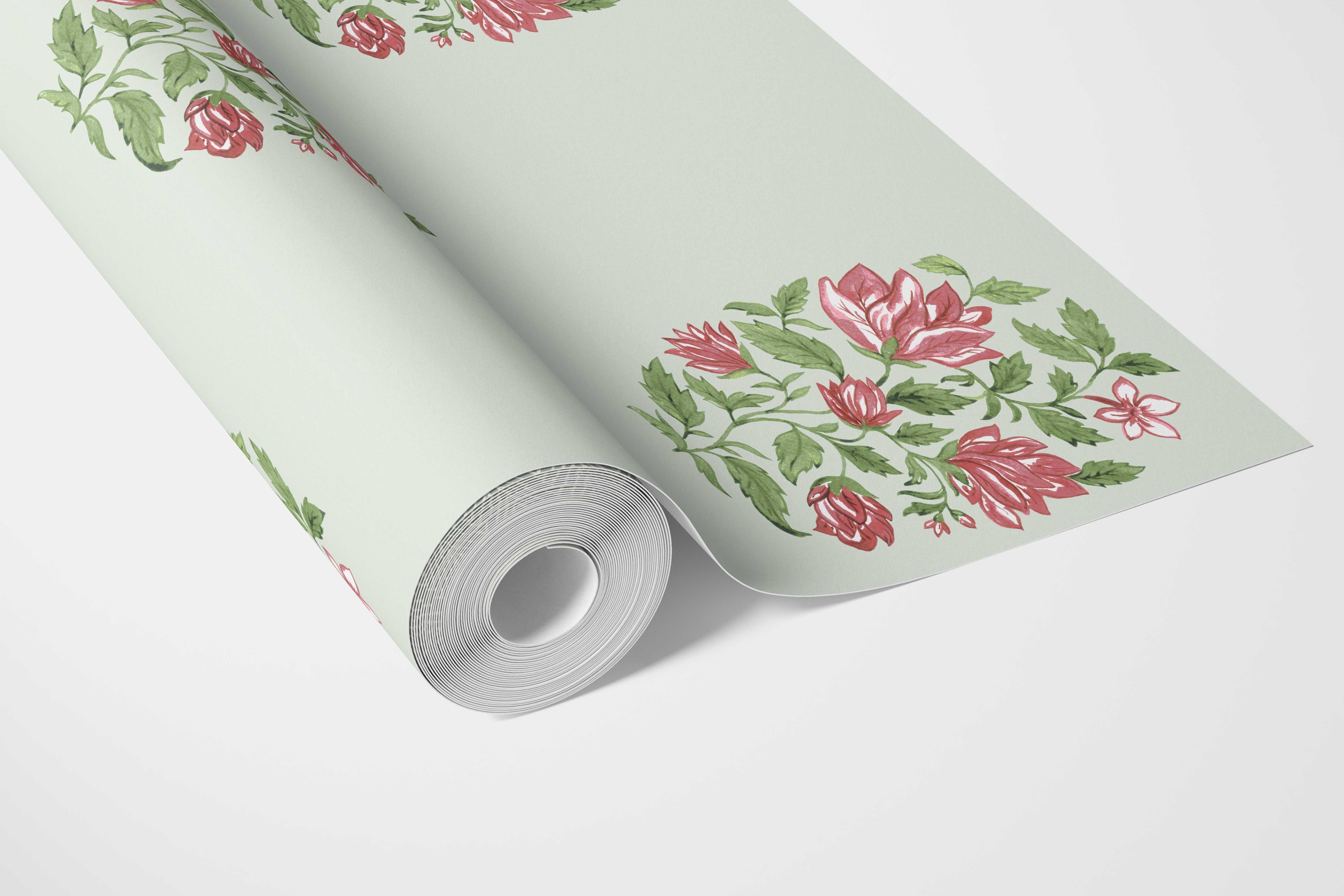 Floral Block Print Bathroom Wallpaper Sample (Mint Green/ Pink-Red)
