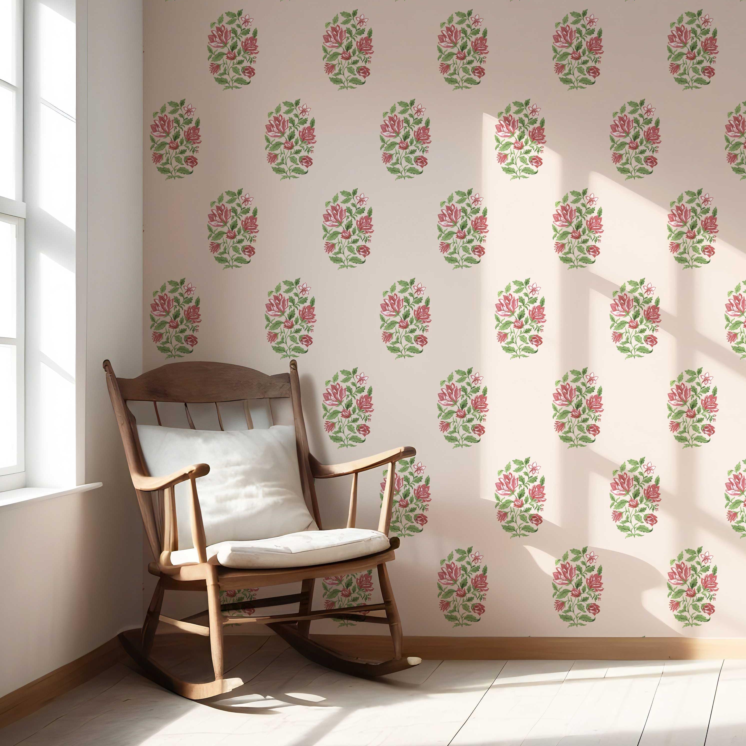 Floral Block Print Nursery Wallpaper (Pink/ Green)