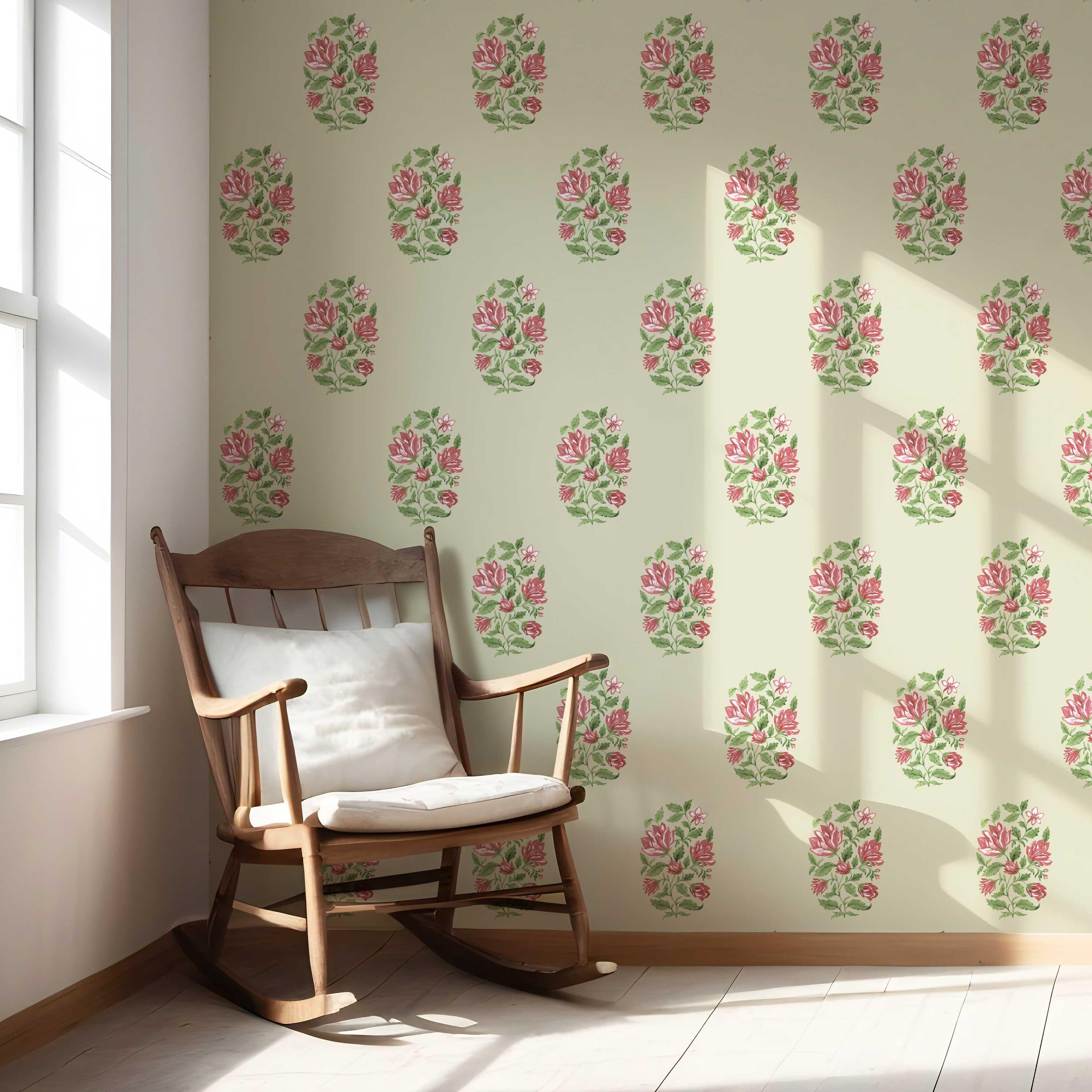 Floral Block Print Nursery Wallpaper (Sage Green/ Pink-Red)