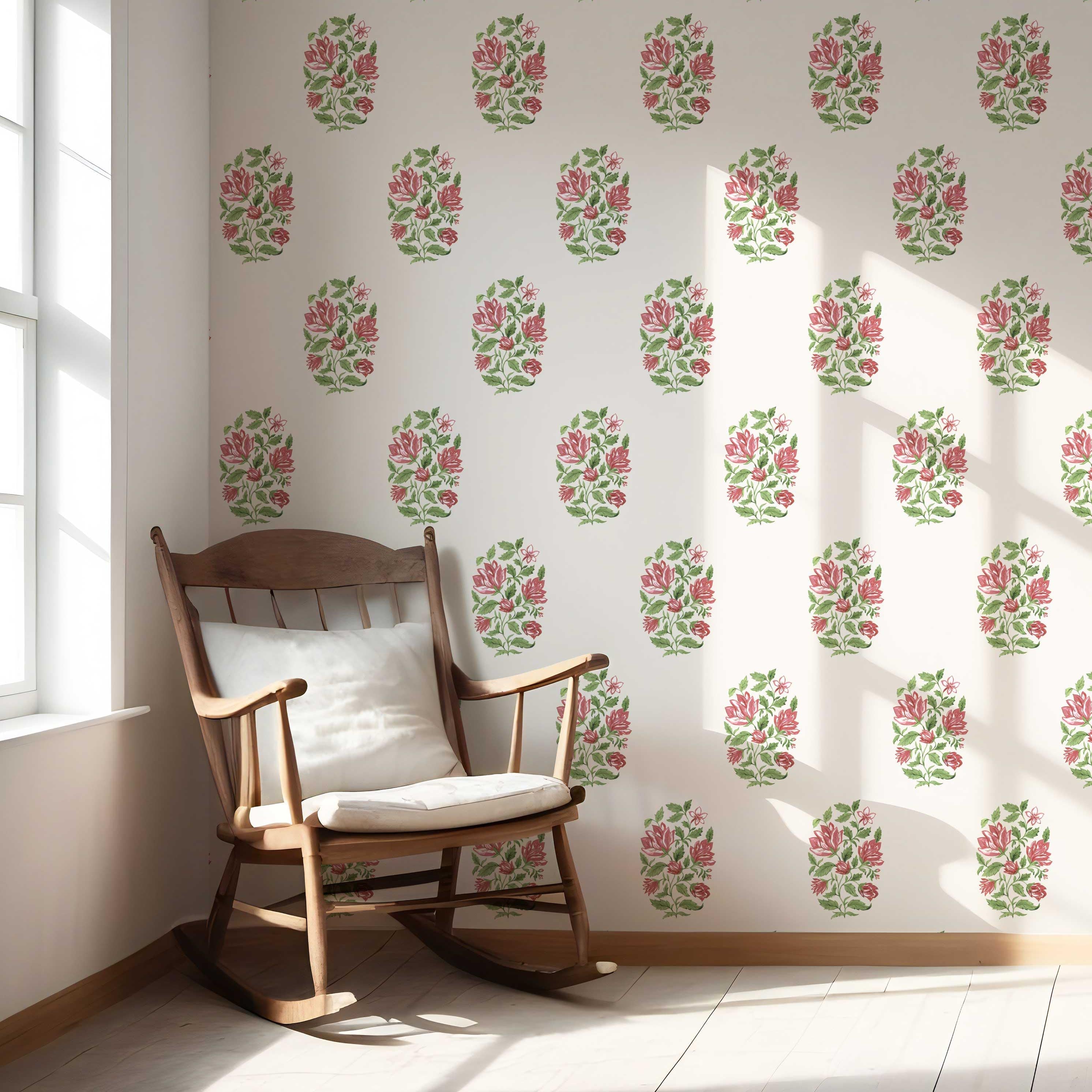 Floral Block Print Nursery Wallpaper Sample (White/ Green/ Pink-Red)