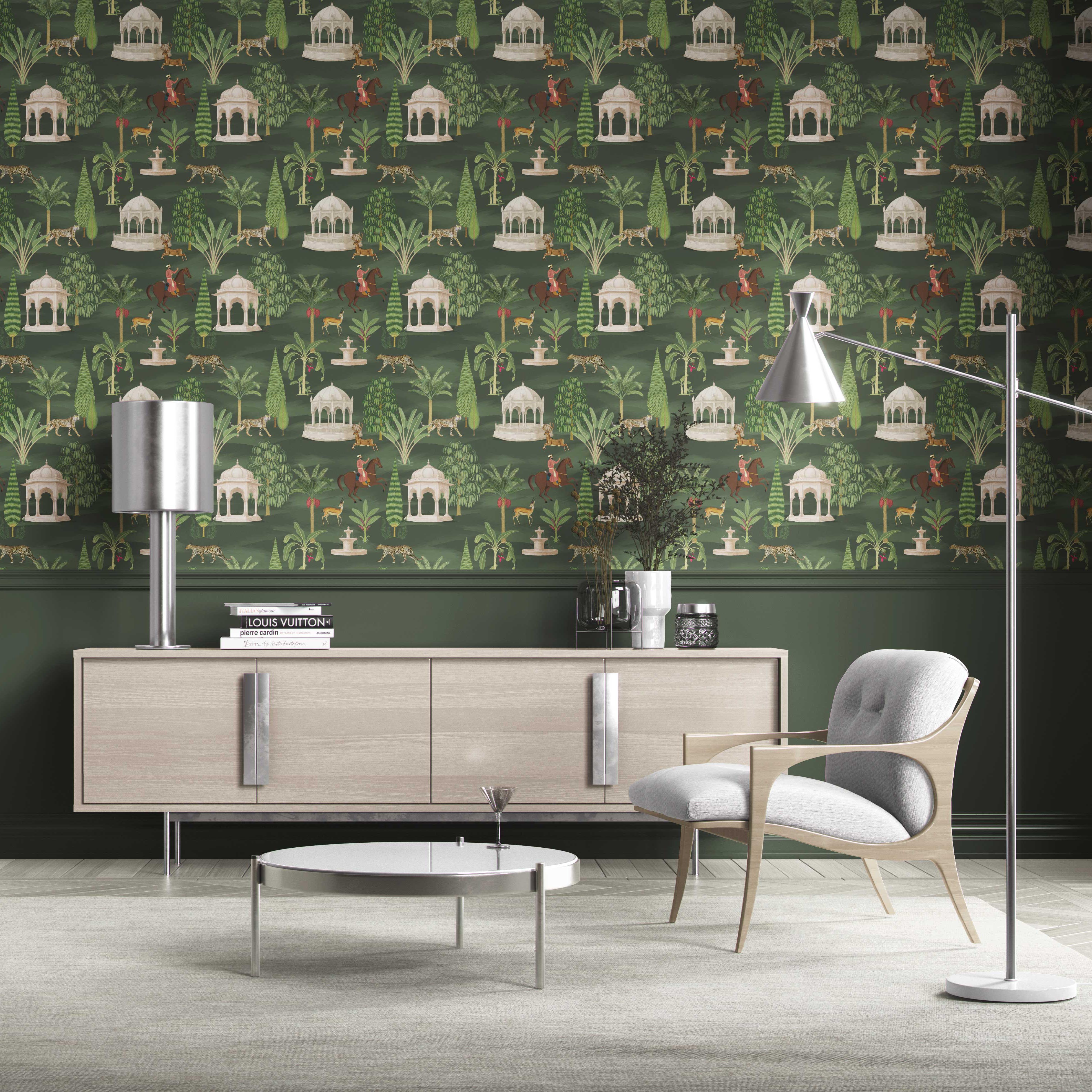 Vintage Heritage/ Ethnic Chinoiserie Traditional Wallpaper Sample (Green/ White/ Brown/ Red)