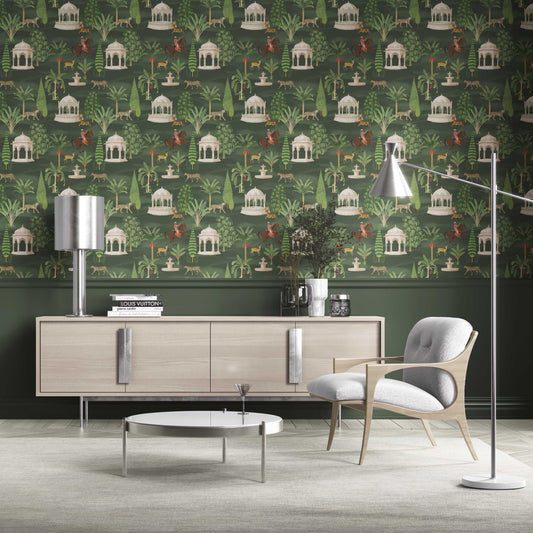 Vintage Heritage/ Ethnic Chinoiserie Traditional Wallpaper Sample (Green/ White/ Brown/ Red)