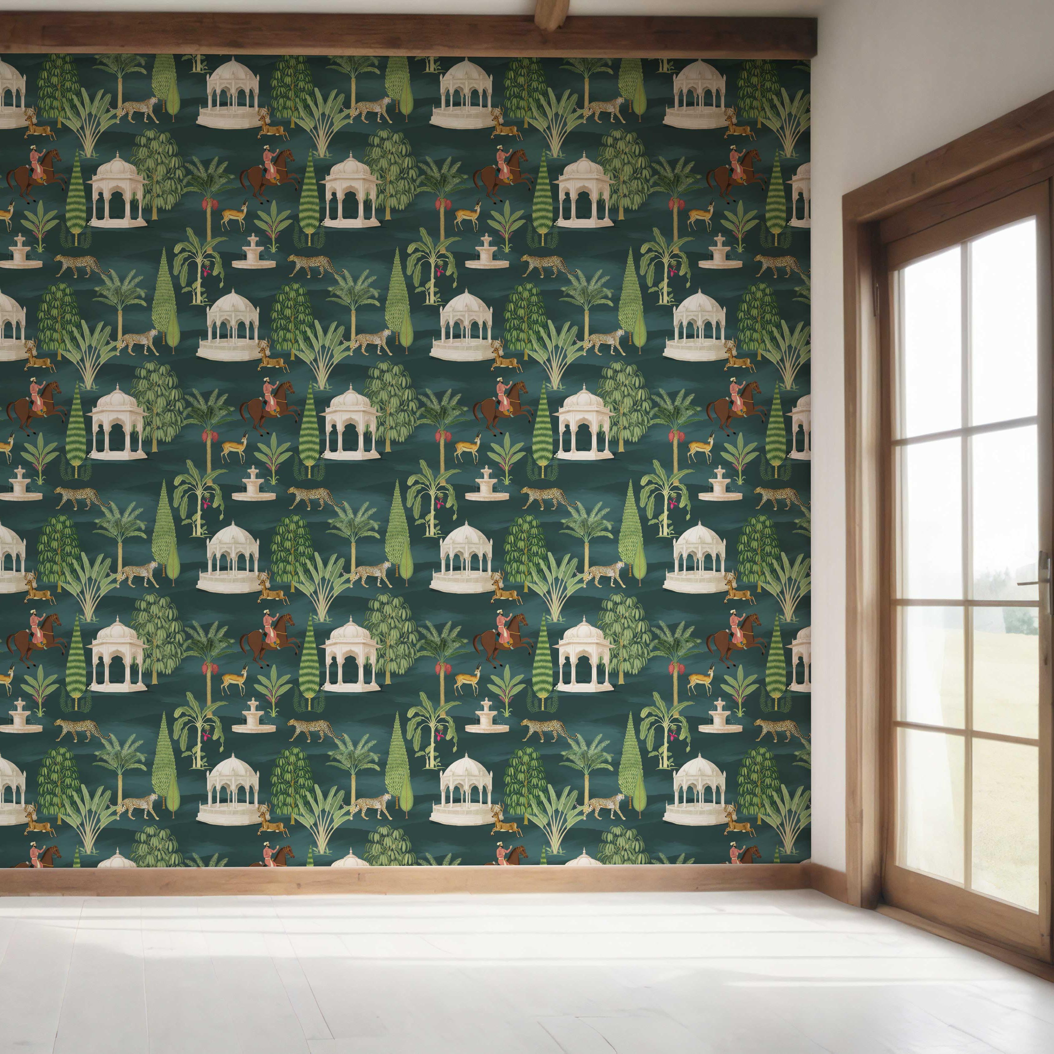 Vintage Heritage/ Ethnic Chinoiserie Bedroom Wallpaper Sample (Teal Green/ White/ Brown/ Red)