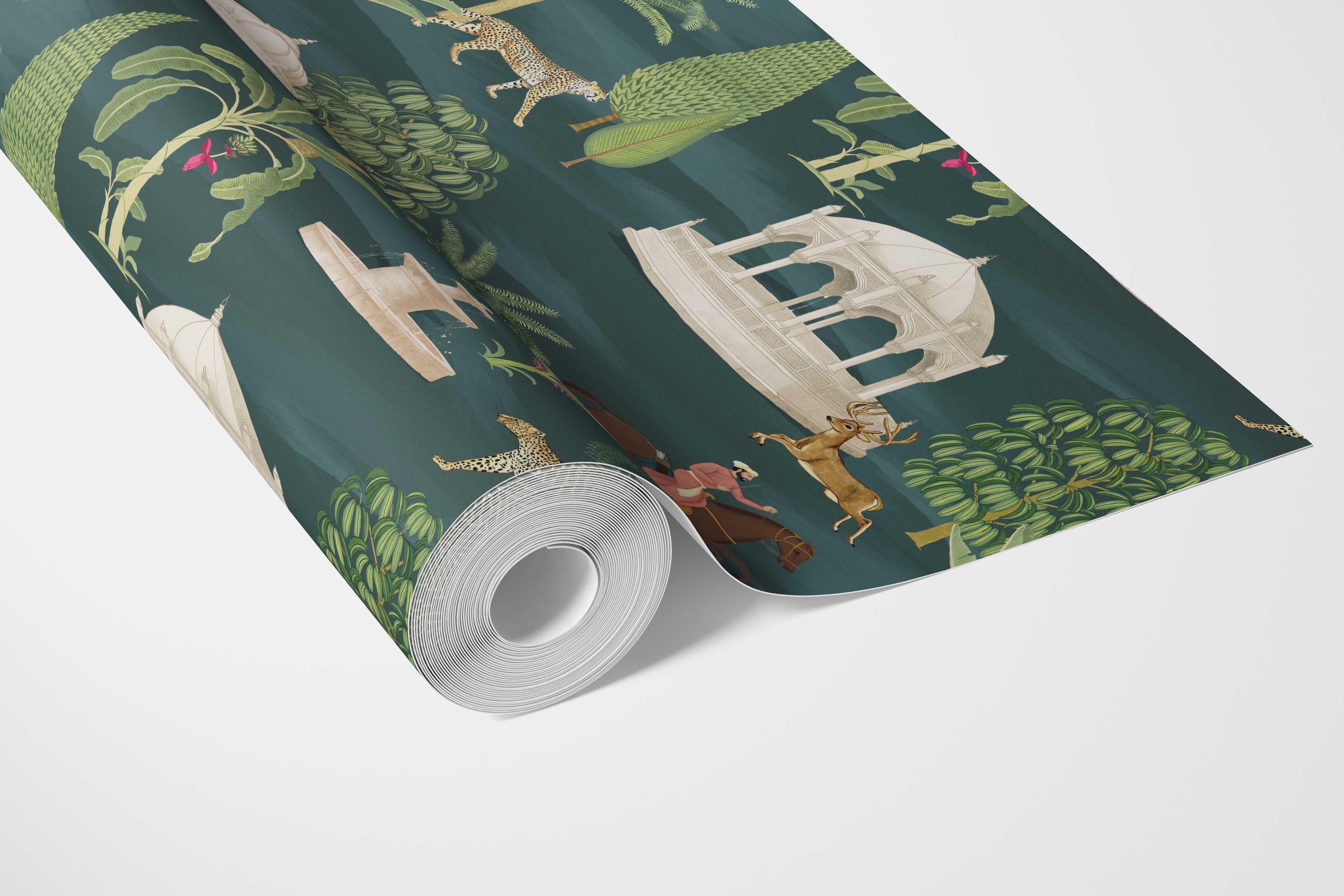 Vintage Heritage/ Ethnic Chinoiserie Bathroom Wallpaper Sample (Teal Green/ White/ Brown/ Red)