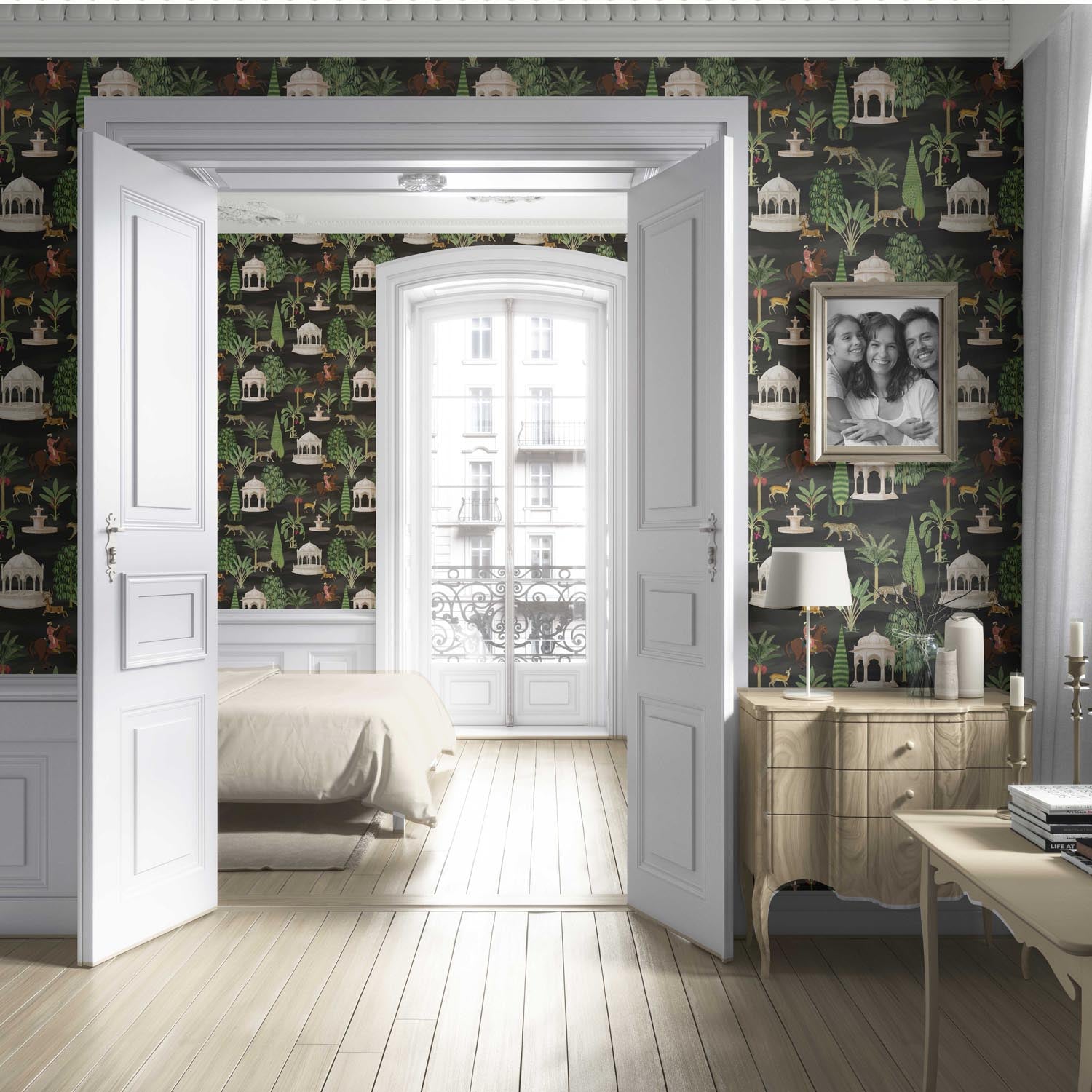Vintage Heritage/ Ethnic Chinoiserie Living Room Wallpaper Sample (Black/ Brown/ White/ Red)