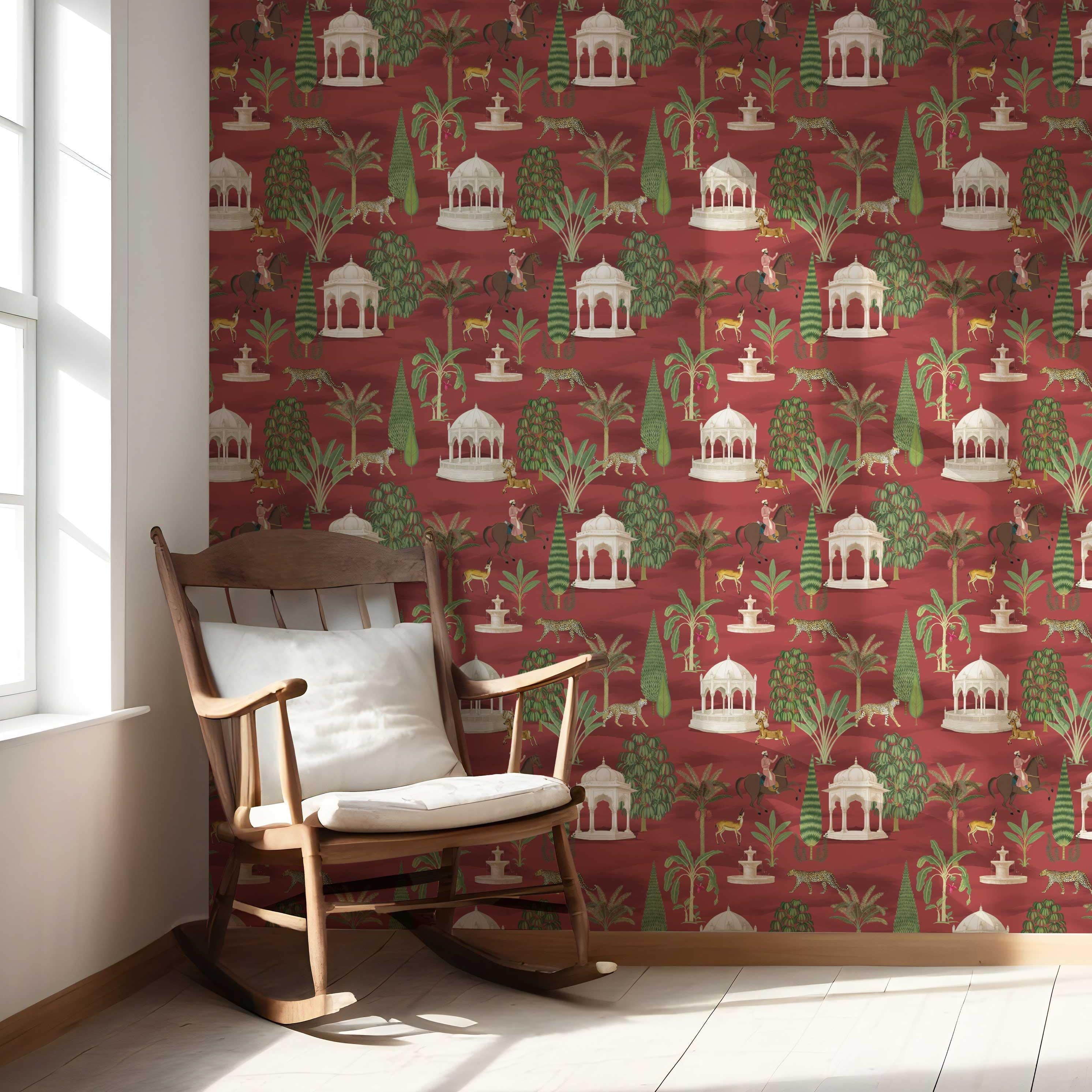 Vintage Heritage/ Ethnic Chinoiserie Nursery Wallpaper (Red/ Green/ White/ Brown)