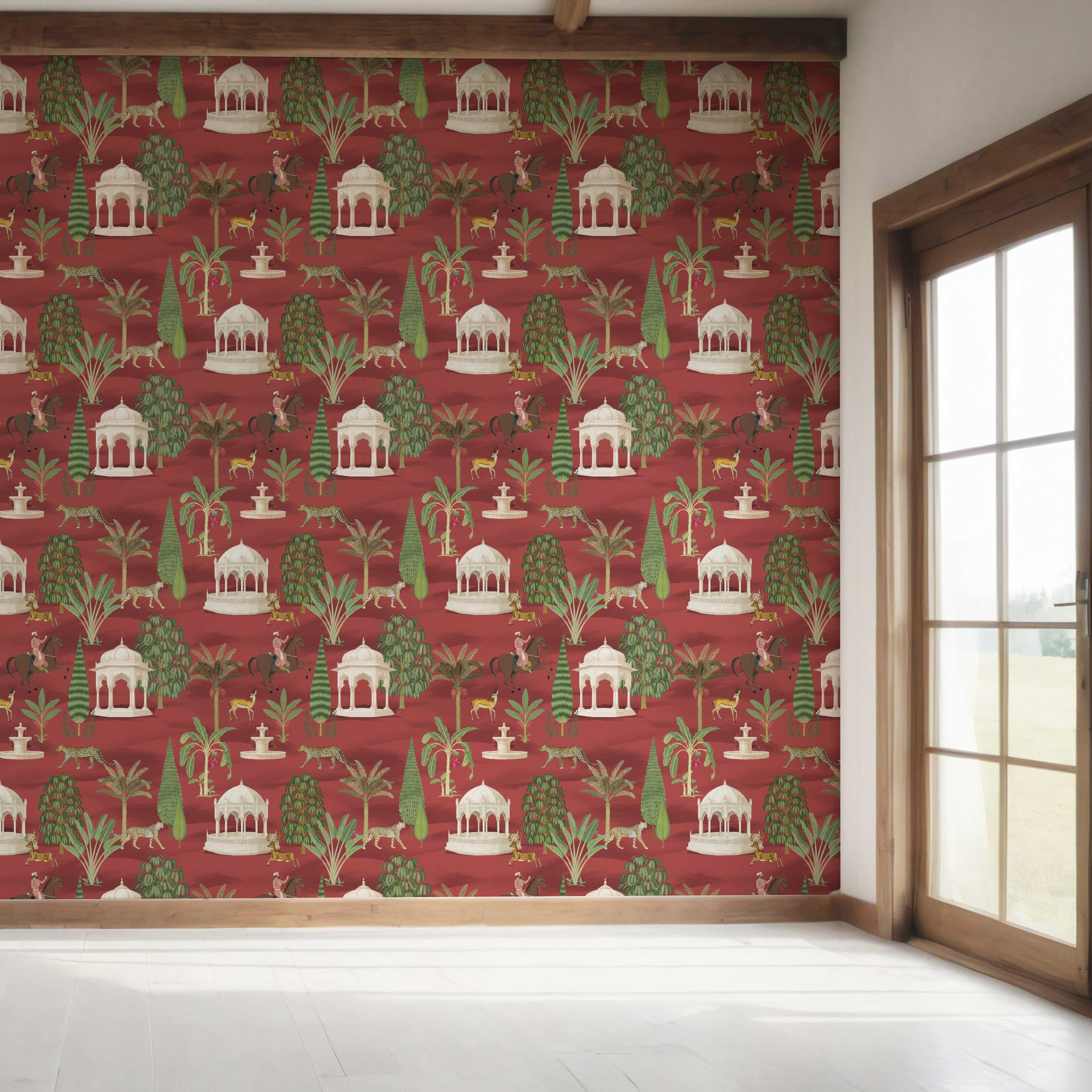 Vintage Heritage/ Ethnic Chinoiserie Bedroom Wallpaper Sample (Red/ Green/ White/ Brown)