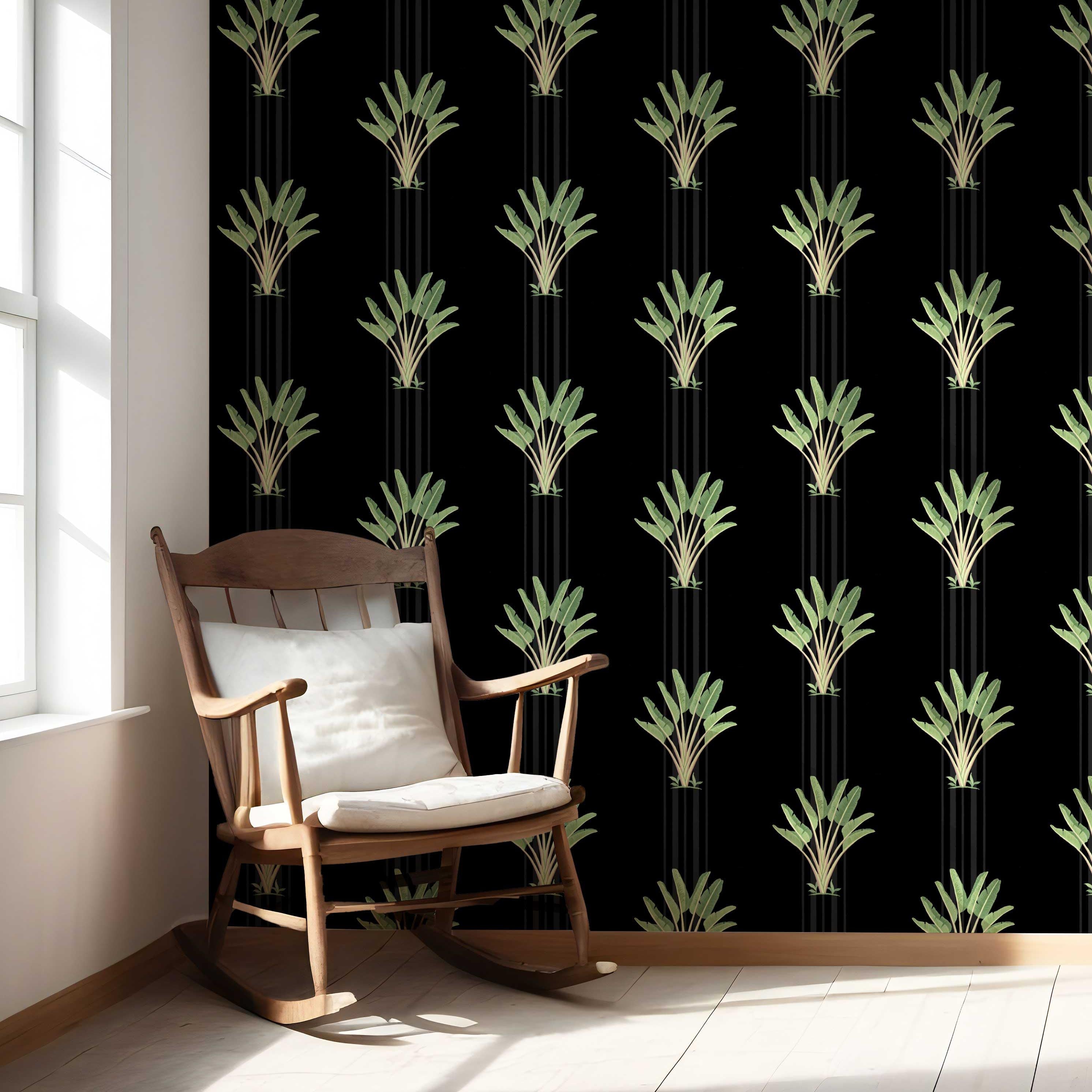 Botanical/ Floral Block Print Nursery Wallpaper Sample (Black/ Green)